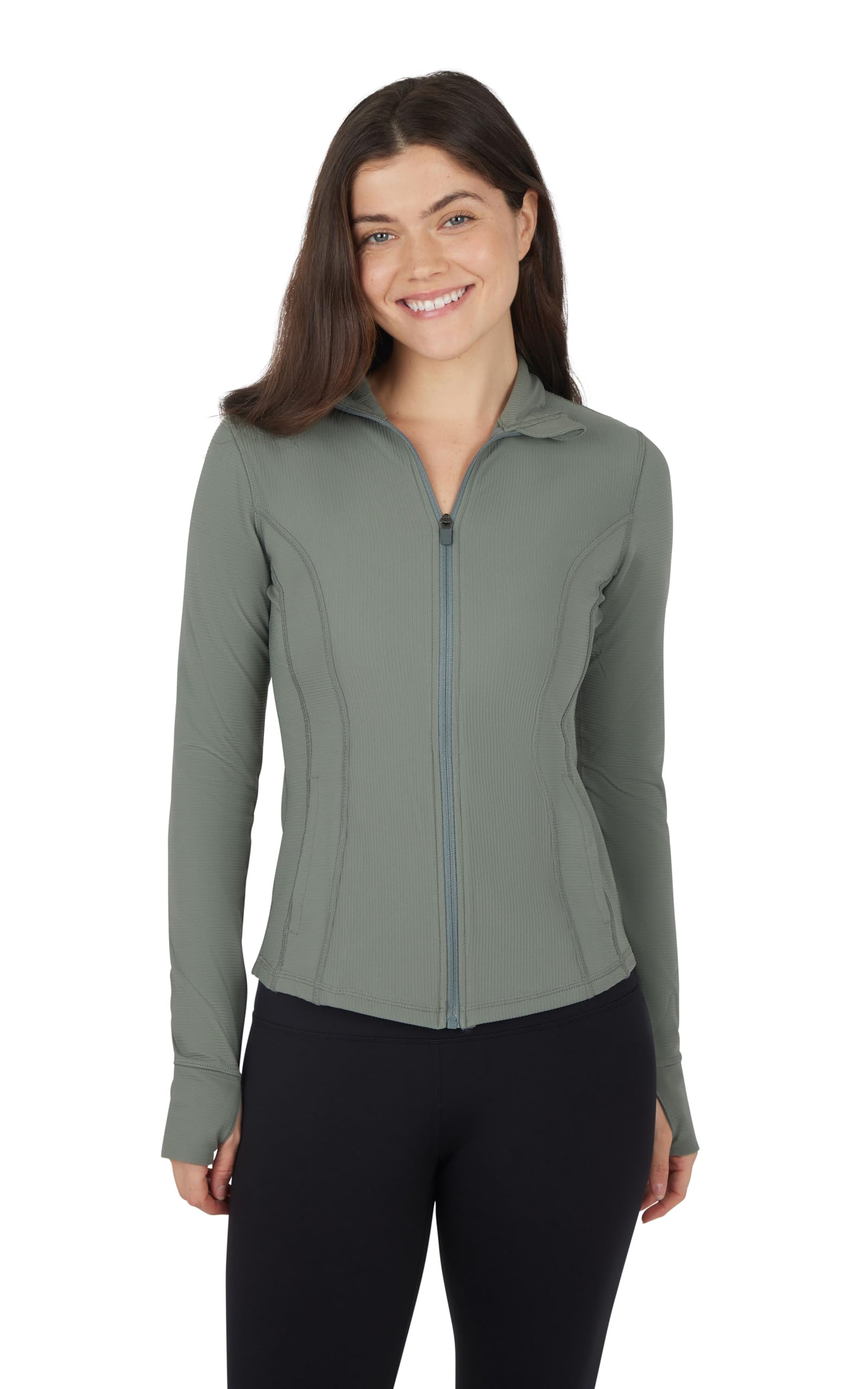 90 Degree By Reflex Womens High Neck Slim Fit Ribbed Zip Up Athletic Running Jacket with Thumbholes - Mulled Basil - Large