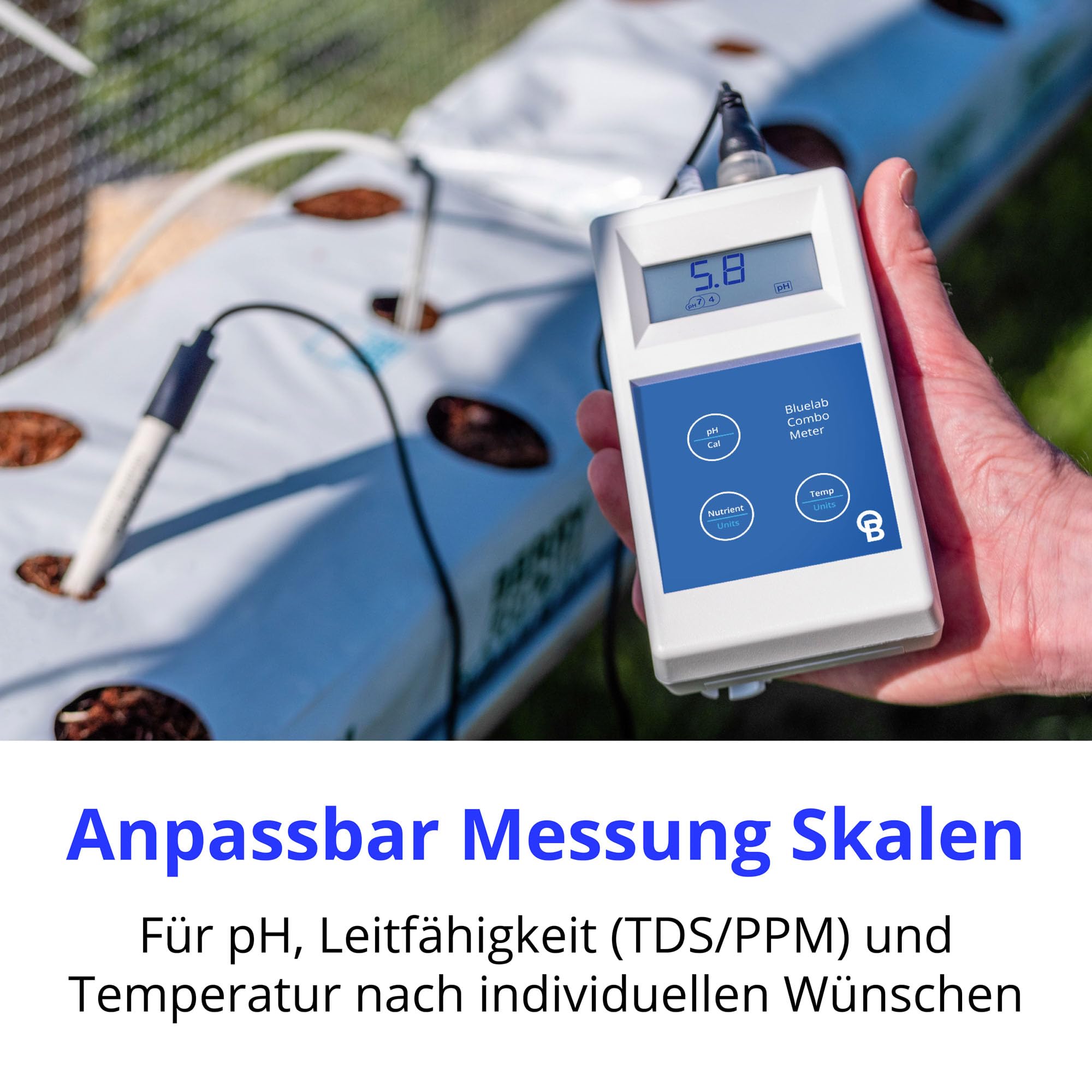 Bluelab METCOMPLUS Combo Meter Plus – Misst pH, Temperatur & Leitfähigkeit (TDS/PPM) in Wasser & Boden, einfach kalibrierbar, digitales Nährstoff-Testkit – Für Hydroponik & Indoor-Anbau