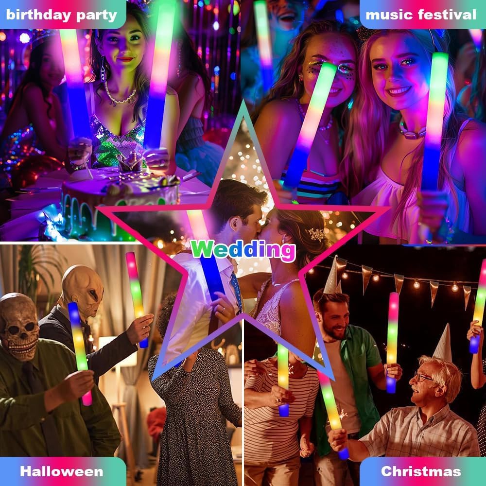 Schaumstoff-Leuchtstäbe mit 3 Modi, bunt, blinkend, Party-Set, leuchtet im Dunkeln, Partyzubehör, Schaumstoff-Leuchtstäbe für Hochzeit, Raves, Konzert, Party, Halloween-Party, 70 Stück