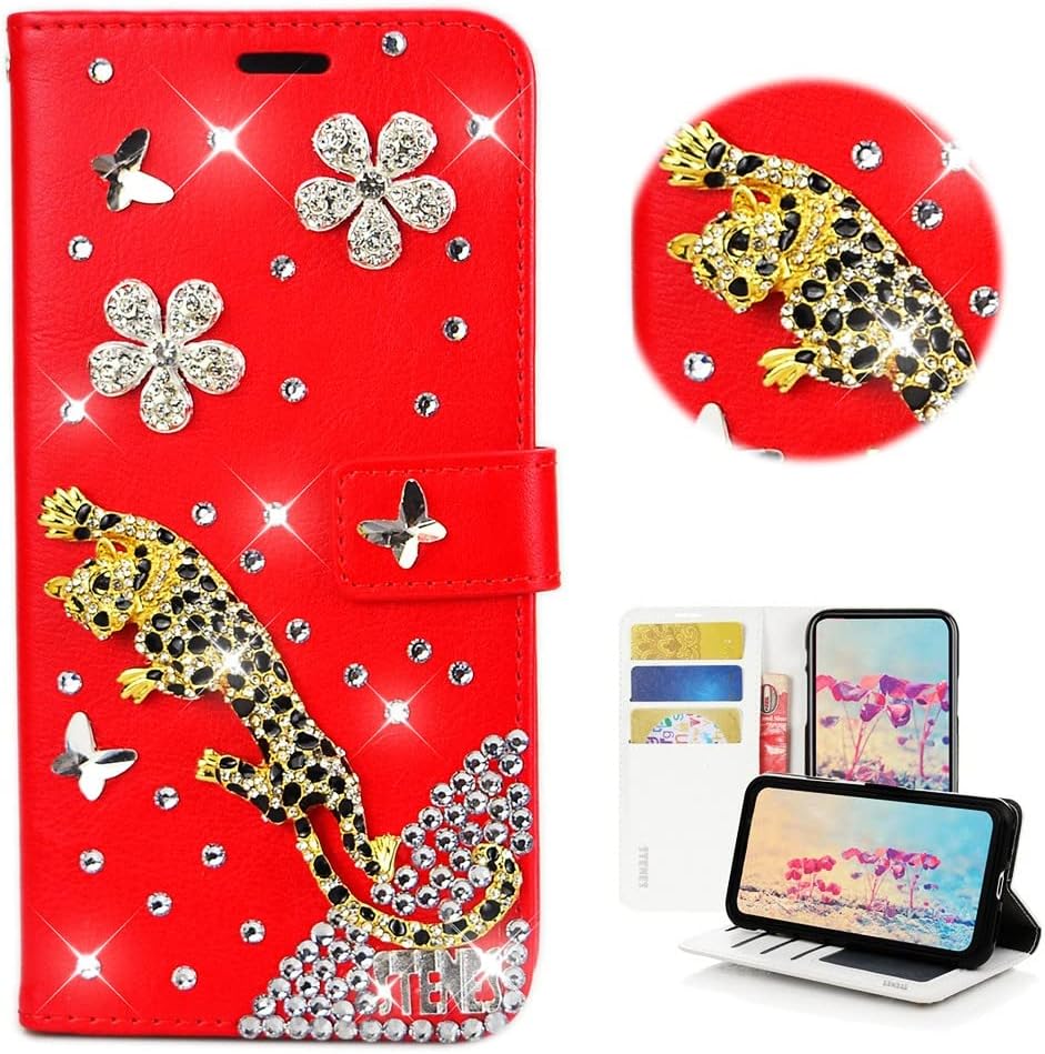 STENES Bling Wallet Phone Case Compatible with Samsung Galaxy Z Fold 3 5G Case - Stylish - 3D Handmade Skiing Santa Claus Snow Design Magnetic Wallet Stand Leather Cover Case - Red