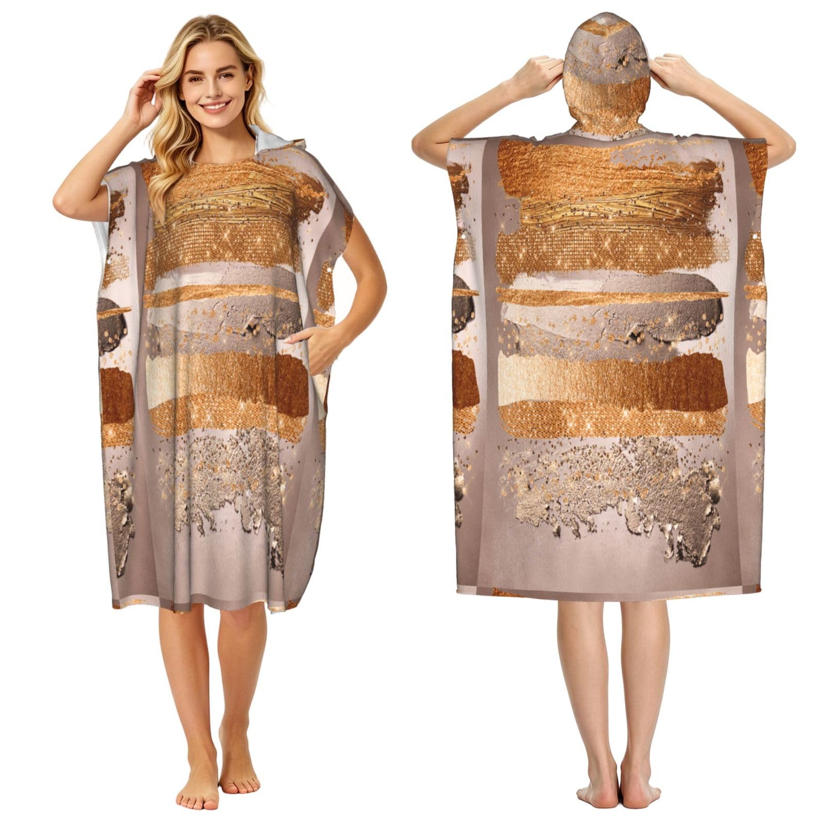 Poadnly Copper Gold Strokes Glamour Texture, Adult Hooded Beach Towel 90 x 110 cm,Changing Bath Robe, Surf Poncho Towel For Women Men