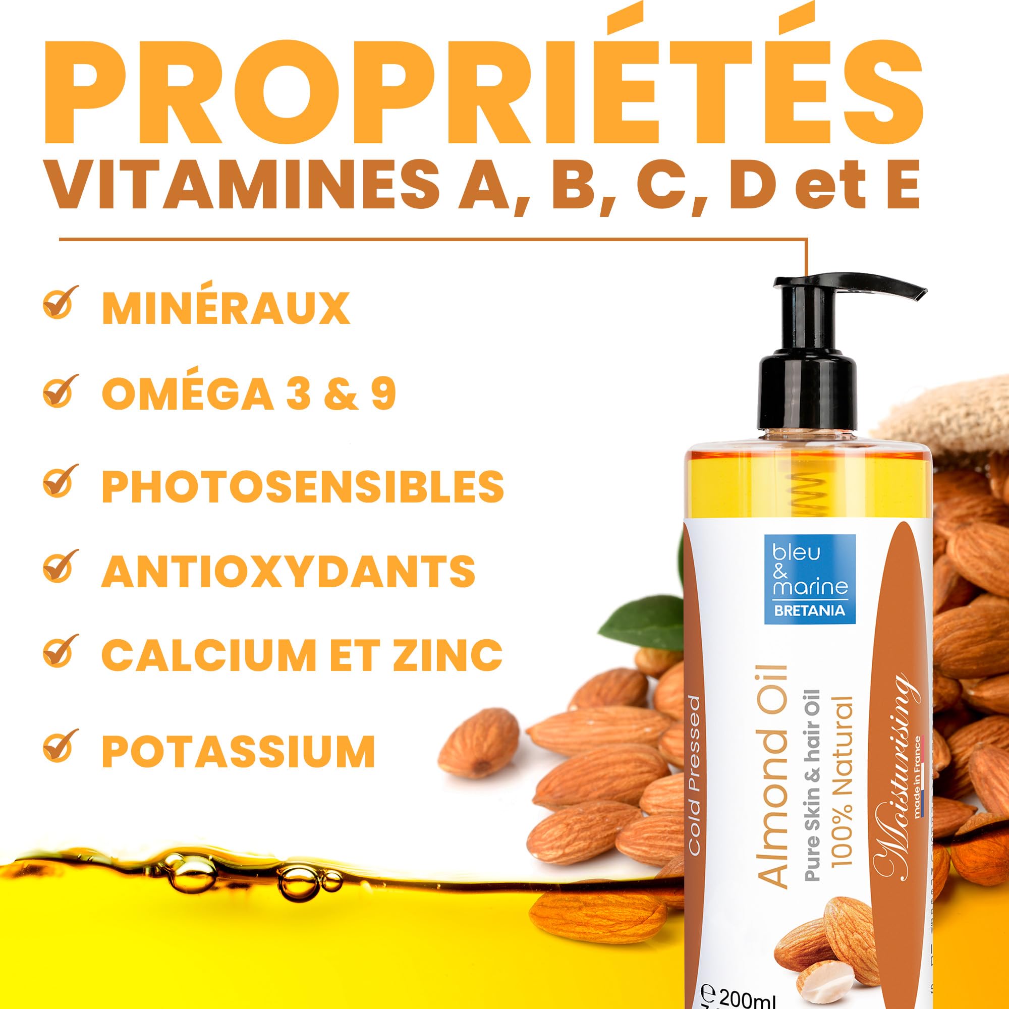 Huile Amandes Douces Pressée à Froid 5000 ml, Anti-vergetures, Hydratante, Soin Cheveux, Ongles, Cuticules, Démaquillante Naturelle