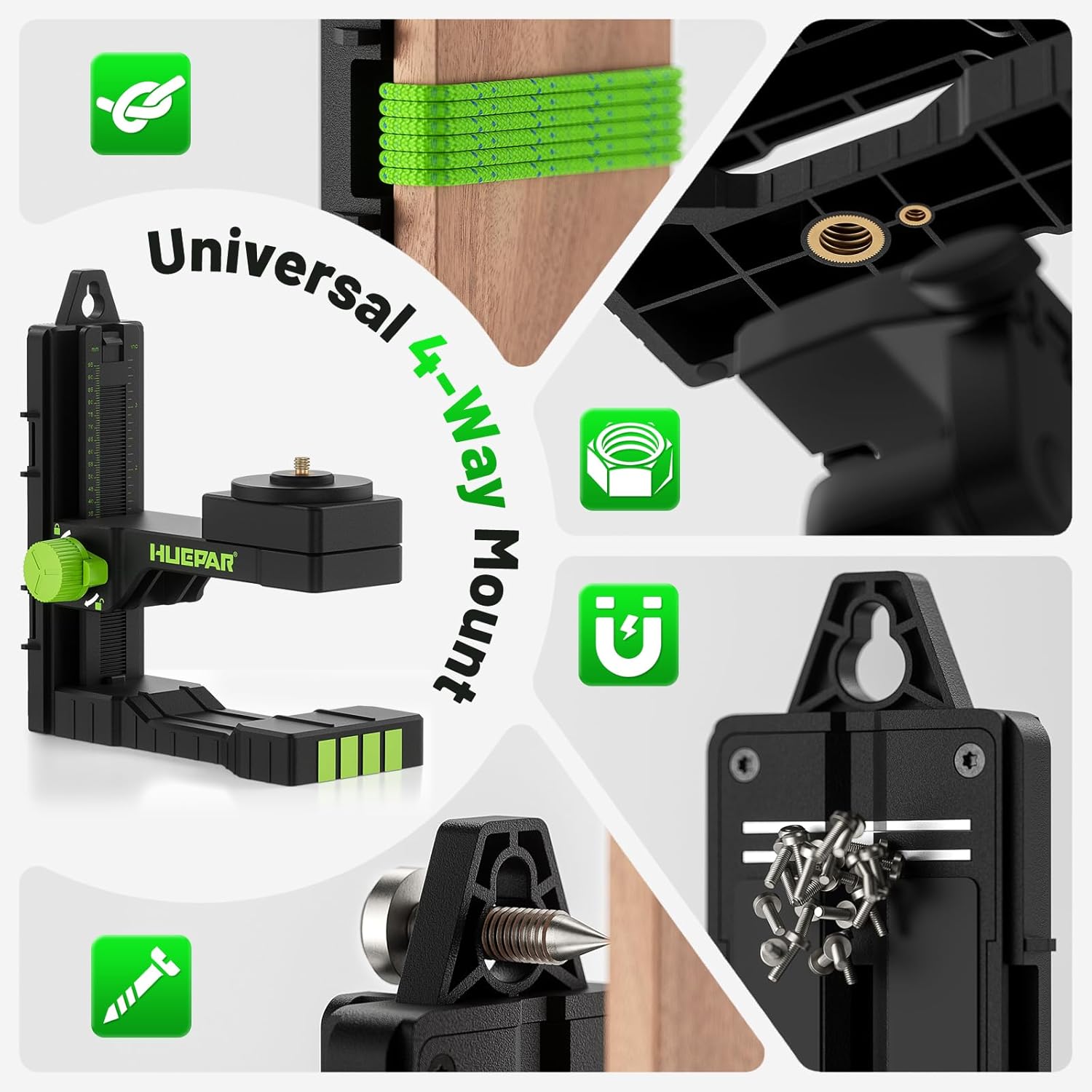 Huepar Fine-tuning Bracket Laser Level Mount, Multifunctional Magnetic Pivoting Base with Adjustable Spring Clip, 360° Rotation-alternative to a standard 1/4" and 5/8" thread & Height Adjustment-PV16+