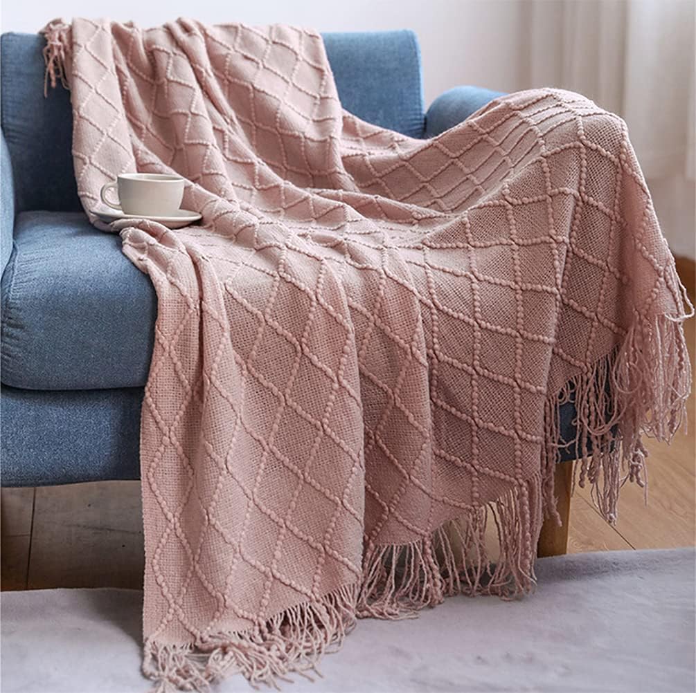 Fennco Styles Rhombus Diamond Knit Modern Fringe Throw 50" W x 60" L - Aqua Geometric Throw Blanket for Sofa, Couch, Living Room, Bedroom Décor
