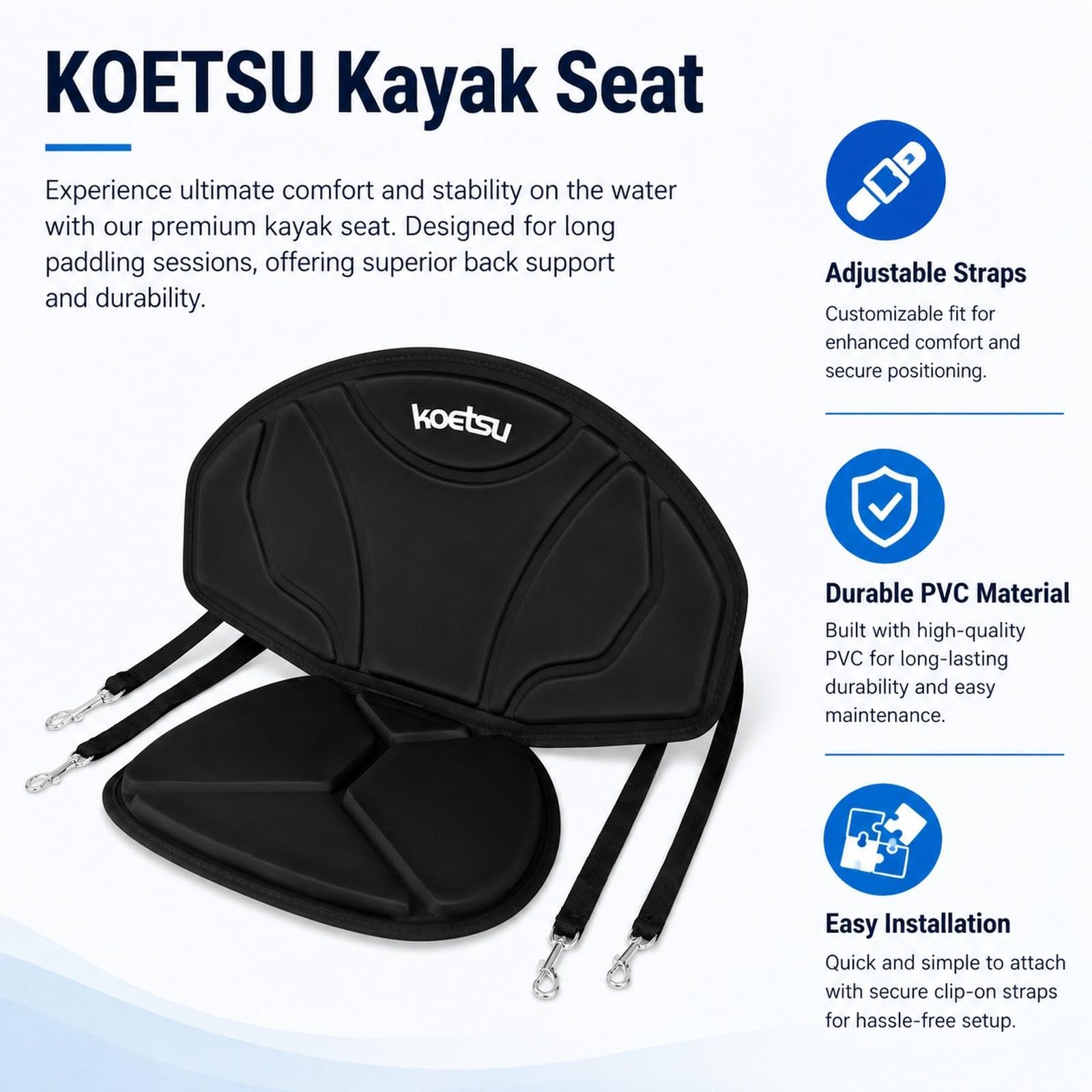Milageto Cojín para Asiento Kayak con Soporte para la Espalda, cómodo y con Correas Ajustables, Acolchado EVA para Canoa, Acolchado, Botes Pesca.