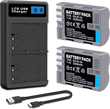 2-Pack EN-EL3e Replacement Battery2200mAh and LED Dual Charger Compatible with Nikon EN EL3e, EL3, EL3a, MH-18, MH-18a, MH-19, D700, D300s, D300, D200, D100, D90, D80, D70s, D70, D50 Camera