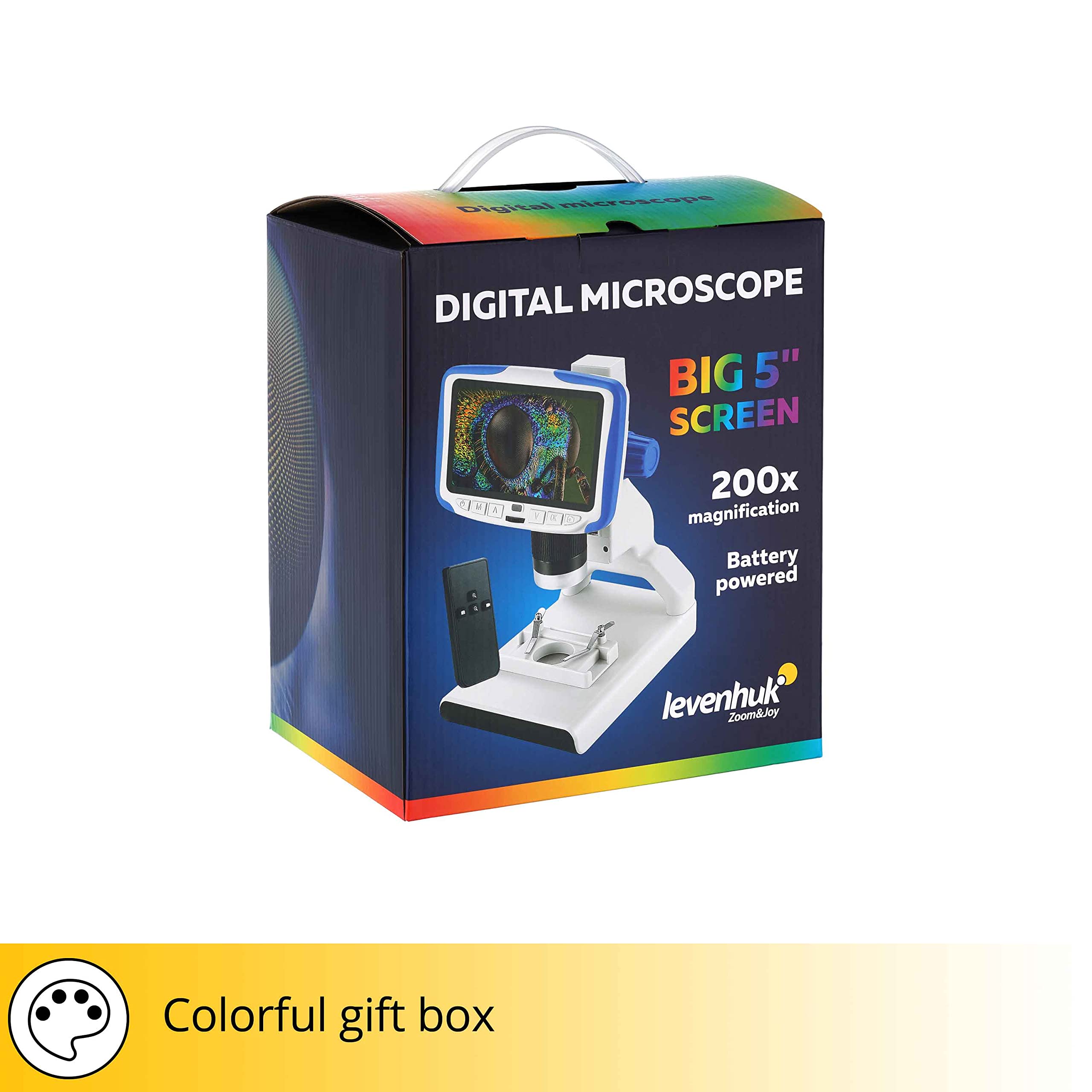 Levenhuk Rainbow DM500 Digitales Drahtloses Mikroskop mit 12,7-cm-LCD-Bildschirm, 10- bis 200-Facher Vergrößerung, Fernbedienung und Objektträgern im Set