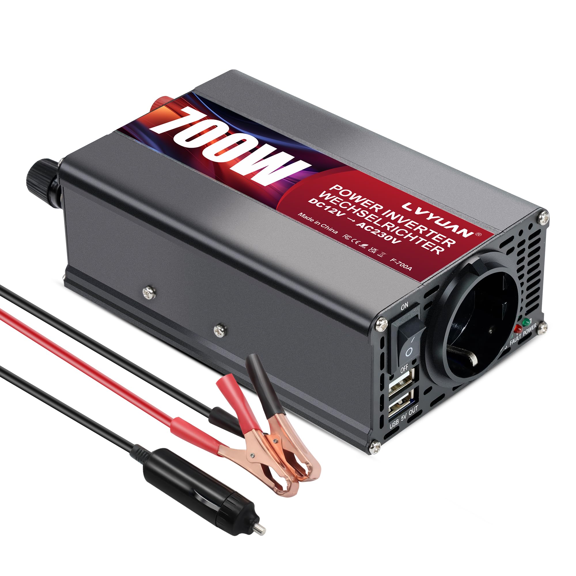 LVYUAN 700W Wechselrichter DC 12V auf 230V AC Spannungswandler Auto Konverter mit Dual USB Ports & EU Steckdosen Kfz Ladegerät Adapter