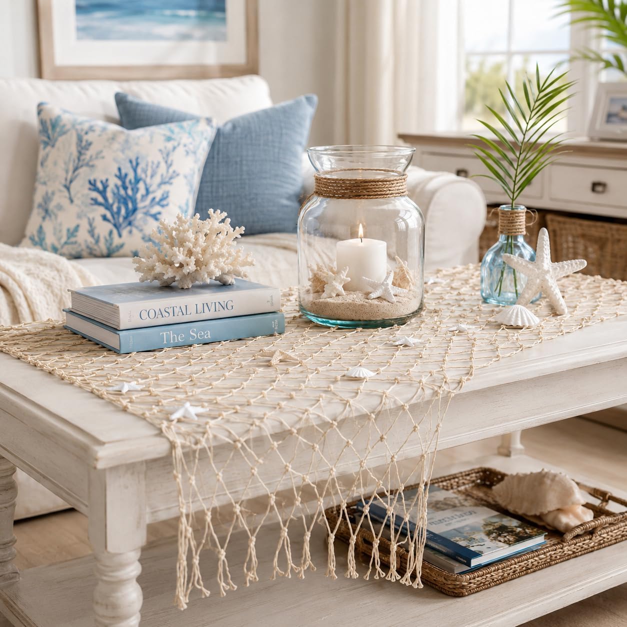3 PCS Fish Net Party Decorations with Shell and Starfish Decor, Nautical Fishing Net Table Runner for Ocean Theme Party, Beach Wedding, Mermaid Birthday, Coastal Home Decor