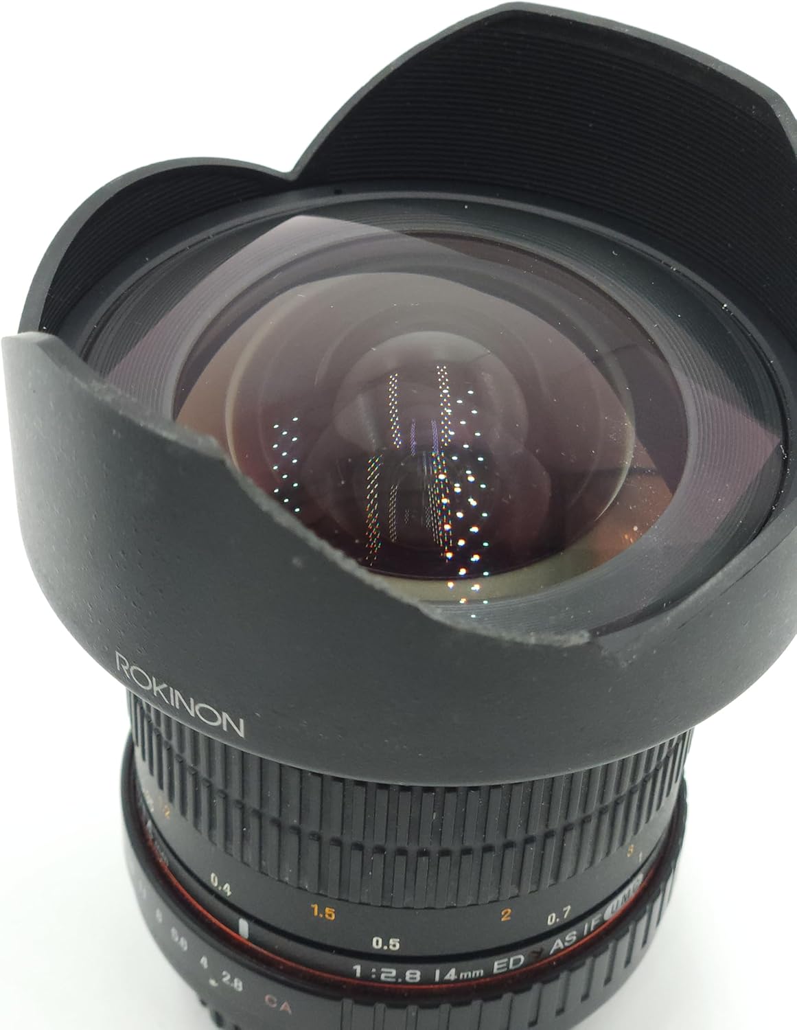 Front view of Samyang 14mm F2.8 lens showing the bulbous front element and petal hood