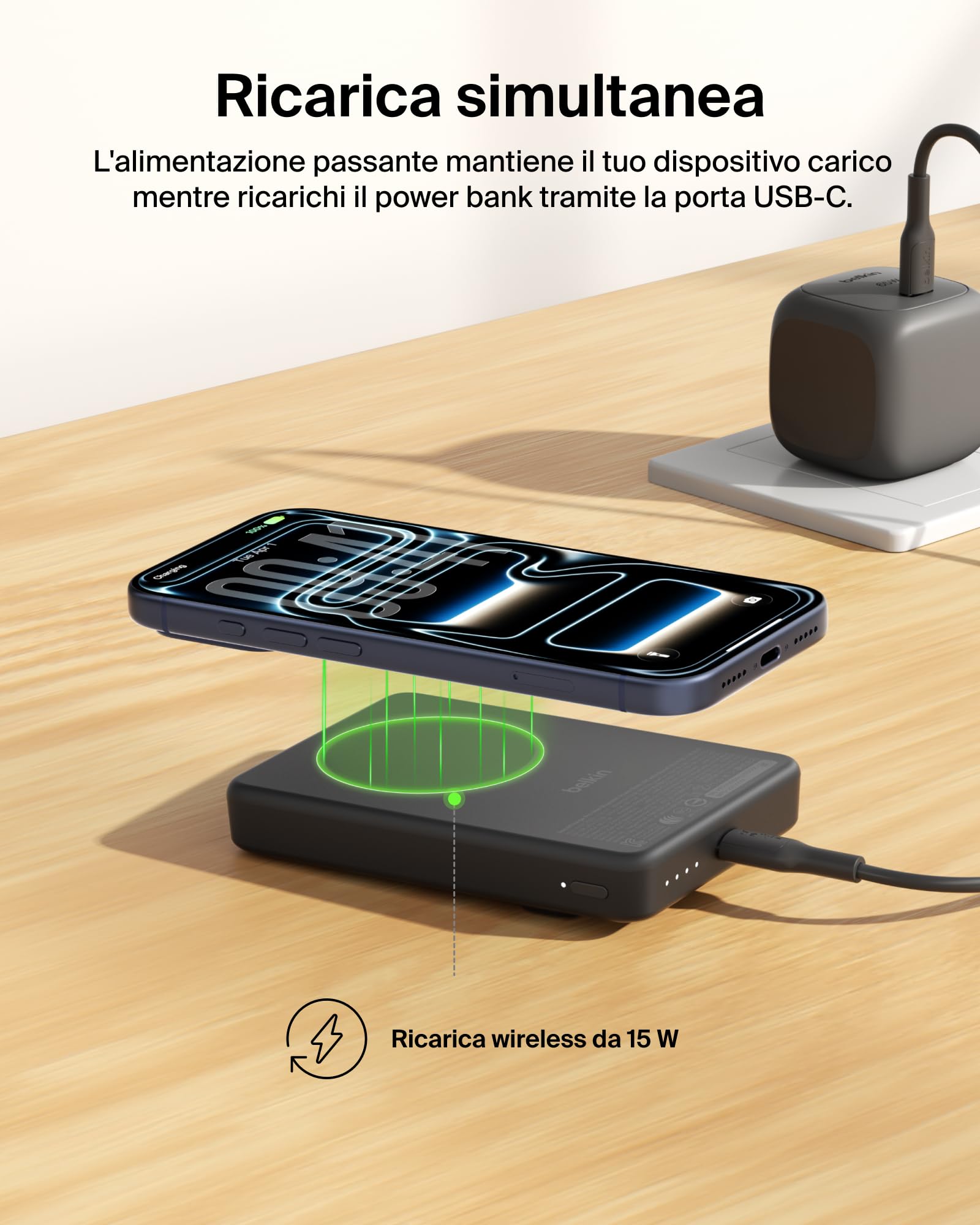 Belkin BoostCharge Power Bank Magnetico Sottile 10000mAh, Supporto - Nero | Caricatore Portatile 10000mAh Wireless, Certificato Qi2, Anello Magnetico, 1 USBC, Precaricato, Cavo Incluso, Sicuro in Aereo