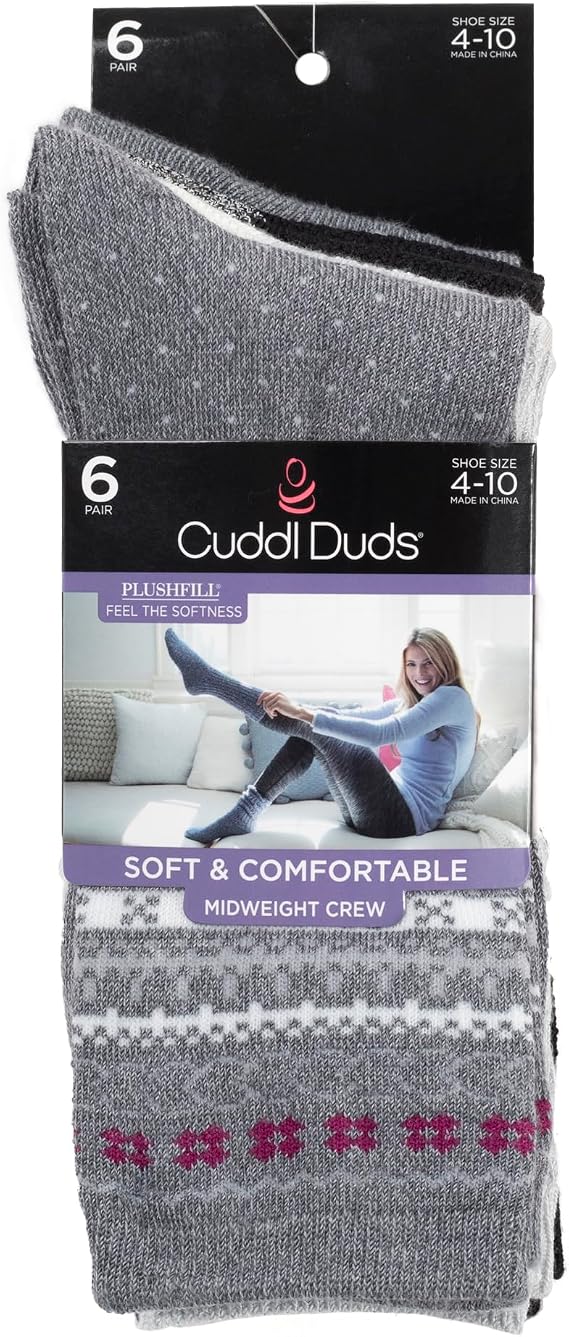 Cuddl Duds Women Super Soft Easy Care Crew Midweight Socks 6 Pair