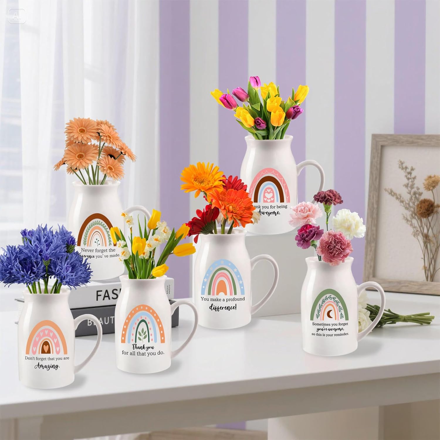 6 Pcs Thank You Appreciation Gift Teacher Ceramic Vase with Small Handle Flower Vases for Coworker Employee Teacher Volunteer Social Worker