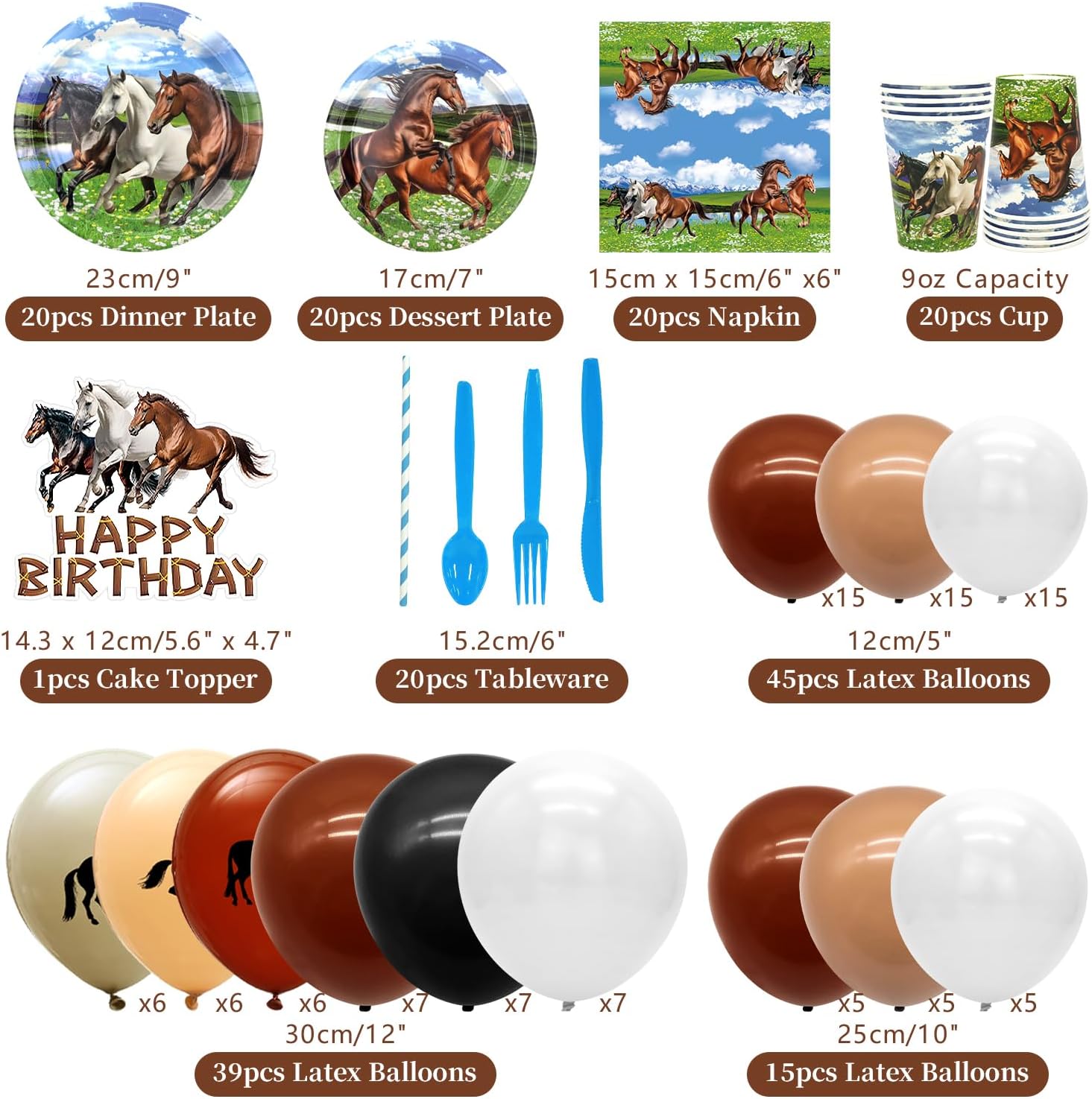 Horse Party Decoration Set - Plates, Cups, Napkins, Tablecloth, Cutlery, Happy Birthday Banner, Balloons Arch, Cake Toppers for Racing, Cowboy, Western Theme Supplies