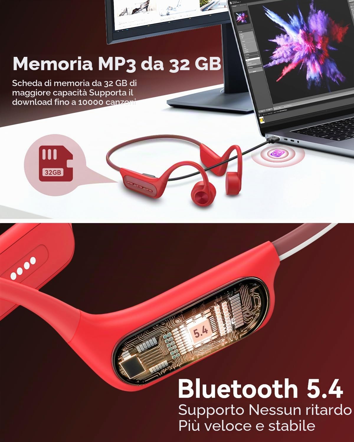 Wantek Cuffie con suono osseo, nuoto, Bluetooth IP68, impermeabili, nuoto, con memoria da 32 GB, lettore MP3, auricolari aperti, senza fili, per nuoto e corsa