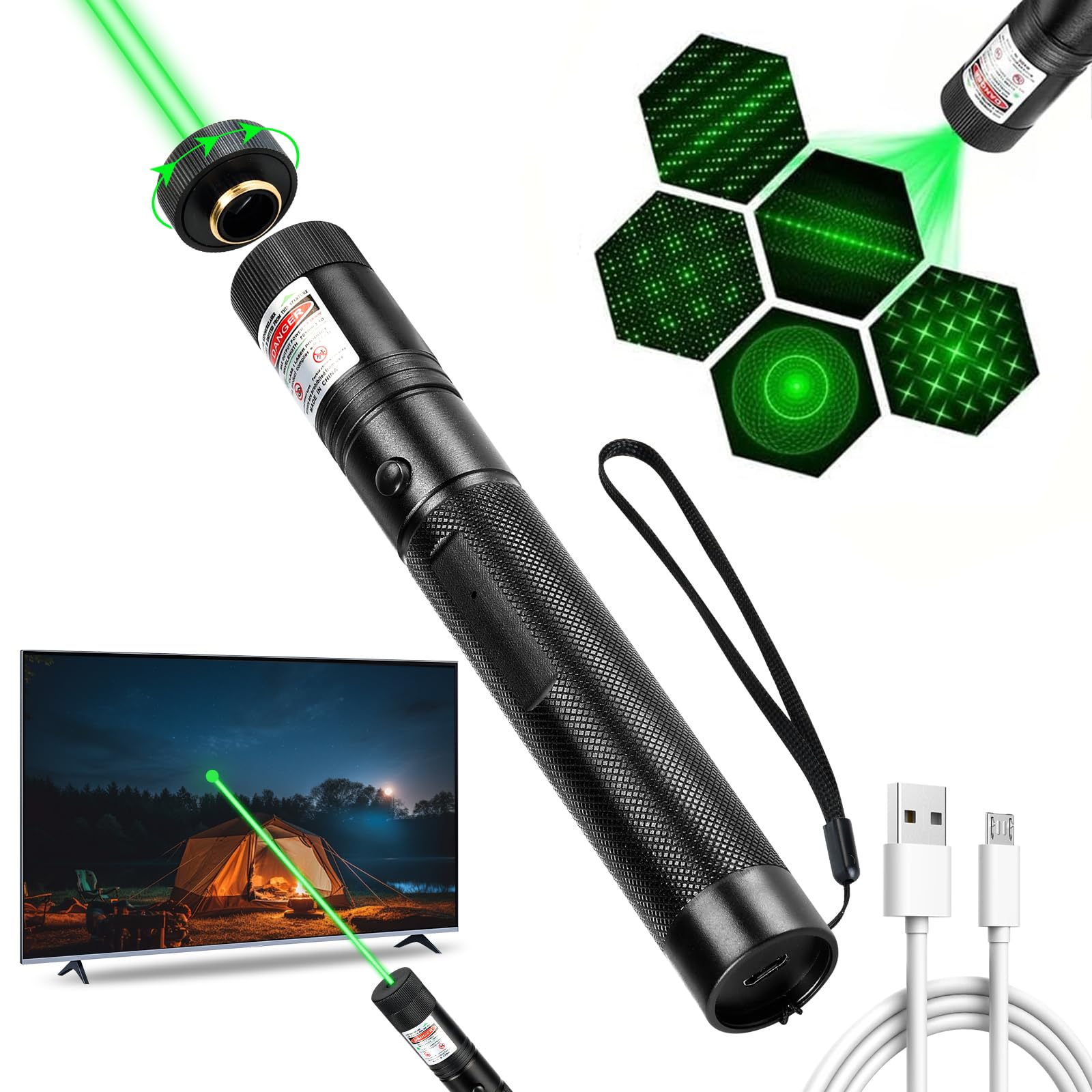 Long-range green laser pointer with focus-adjustable lens and wrist strap
