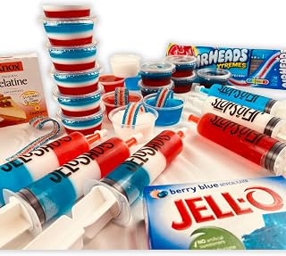 Jello Shots Party Kit - American Flag Party Pack - Makes Over 50 (Large) 2oz Jello Shots - Includes Recipes eBook, Jello Shot Syringes, Mini Cups with Lids, Candy Belts, Knox & Dessert Gelatin