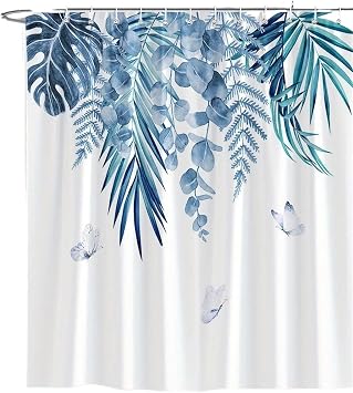 Waterproof Shower Curtain 1 Tropical Leaves And Butterflies Shower Curtain - Light Blue Green Watercolor Botanical Pattern With Hooks Machine Washable(200x180cm)