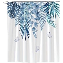 Waterproof Shower Curtain 1 Tropical Leaves And Butterflies Shower Curtain - Light Blue Green Watercolor Botanical Pattern With Hooks Machine Washable200x180cm
