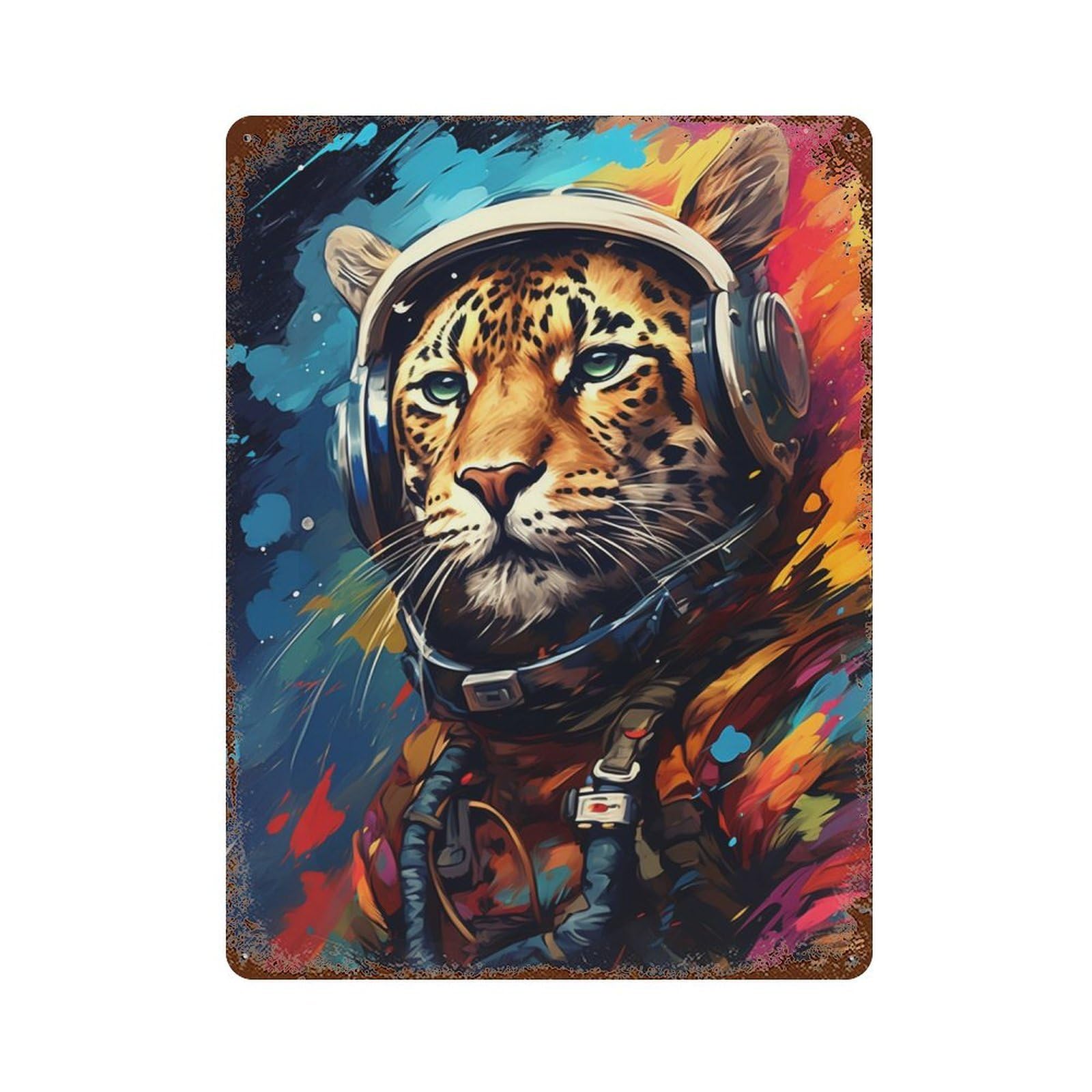 Leopard Astronaut in Space Weathered Tin Sign 15.7"x11.8", Rustic Home Decor for Office, Studio And Wall Decor