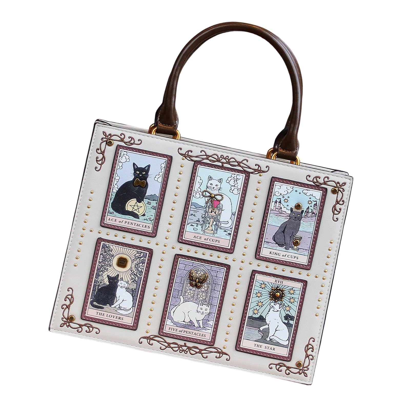 Borsa a mano con ricamo a forma di gatto, con tracolla regolabile e tasche multiple, in poliuretano, borsa a tracolla da donna, per uso quotidiano da donna, borsa a tracolla regolabile, ricamata