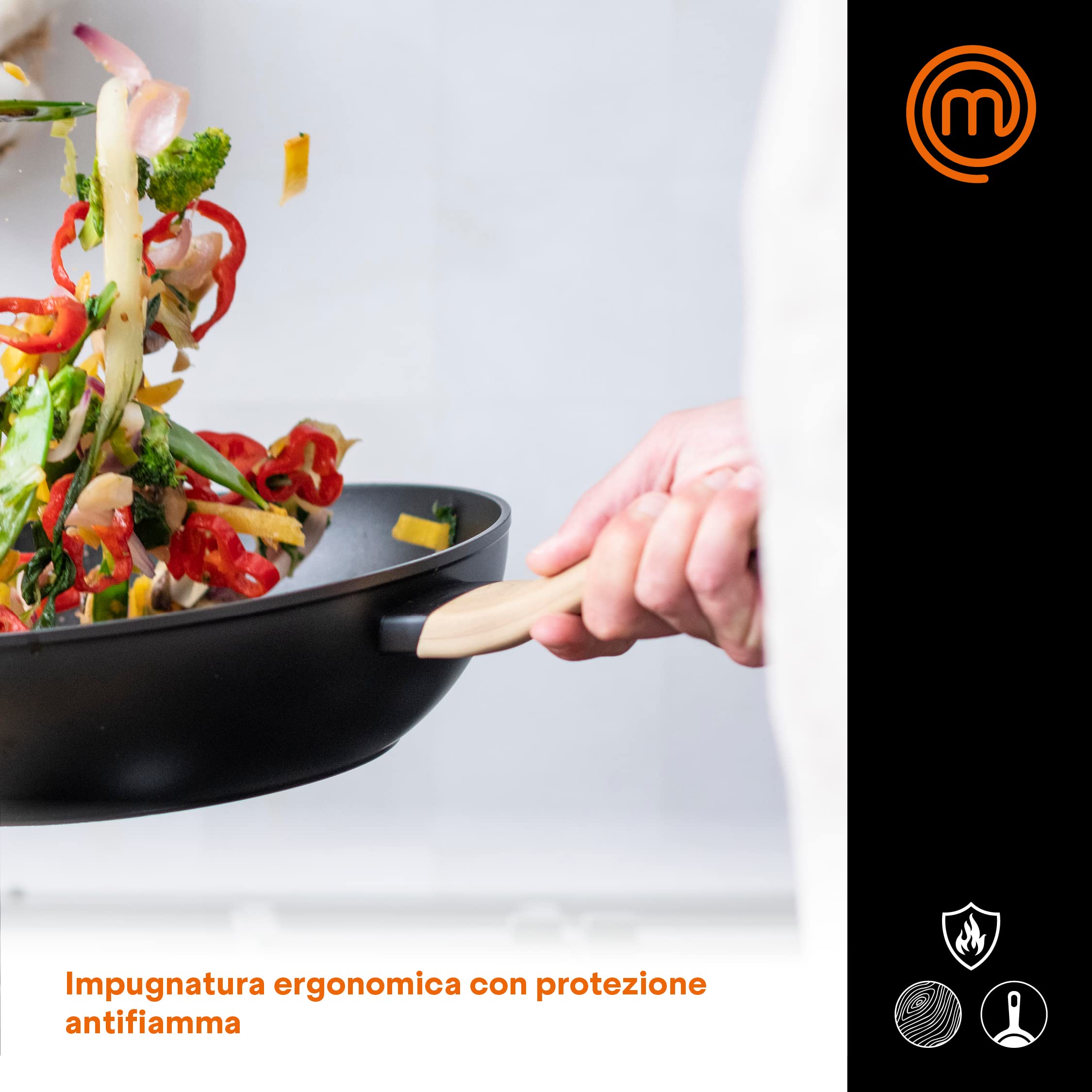 MasterChef Wok, Padella Antiaderente 28cm, Pentole Aluminio, per Salta e altro, Cinese, Induzione e altro, Tutti i Piani, Antigraffio, Lavabile in Lavastoviglie, Nero