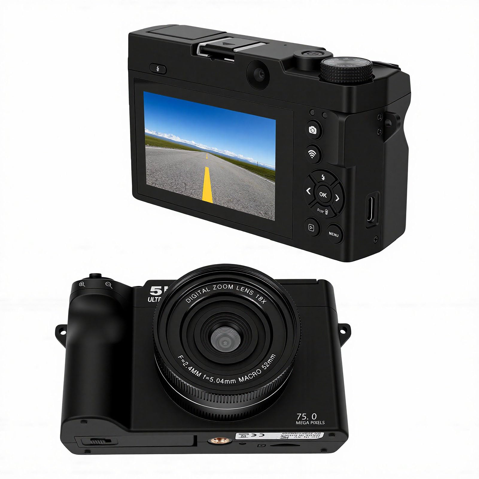 Fotocamera Mirrorless 5K, Fotocamera Vlog retrò con Doppio Obiettivo da 75 MP con Flash Pop-up, Schermo da 3 Pollici, Connessione App Zoom Digitale 18x, per la Registrazione di