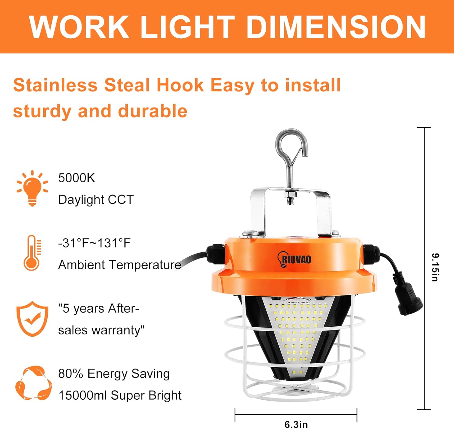 Led Temporary Work Light 100W，Super Bright 15000LM 5000k Construction Lights with Hook Portable Hanging Linkable Durable LED Work Temp Lights for Damp Location Outdoor Indoor Area Lighting