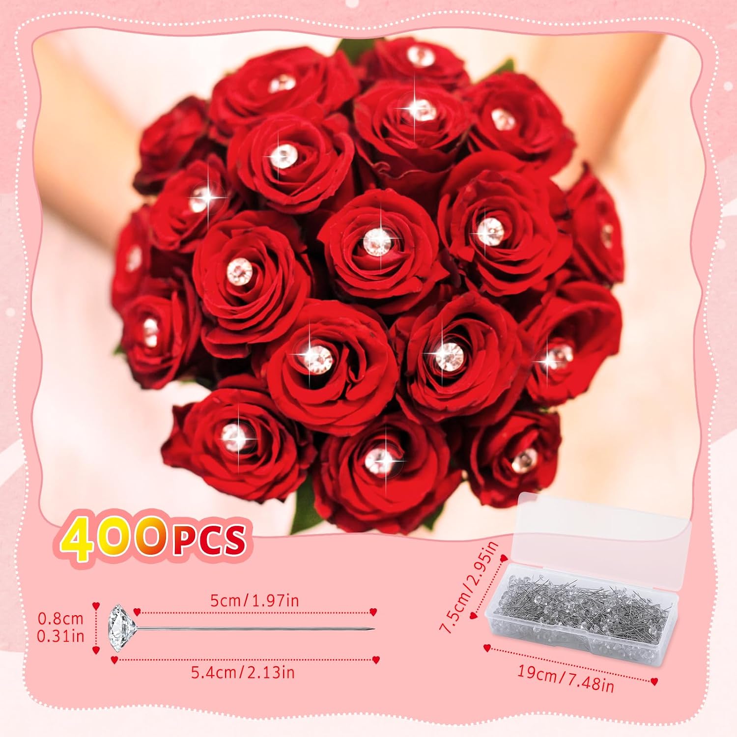 400 Pcs Diamond Boutonniere Pins, 2.1 Inch Flower Pins Straight Pins Diamond Rhinestones Head Corsage for Bouquets, Boutonniere Pins for Flower Bouquets for Wedding DIY Decoration