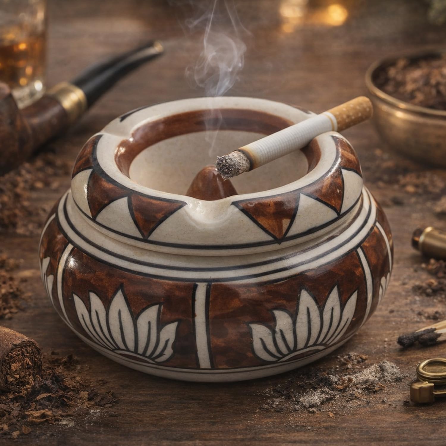 Raakhadaanee - 4" Crackle Round Ashtray Hand-Painted Ceramic Ashtray with 3 slot Holder. (White Floral)