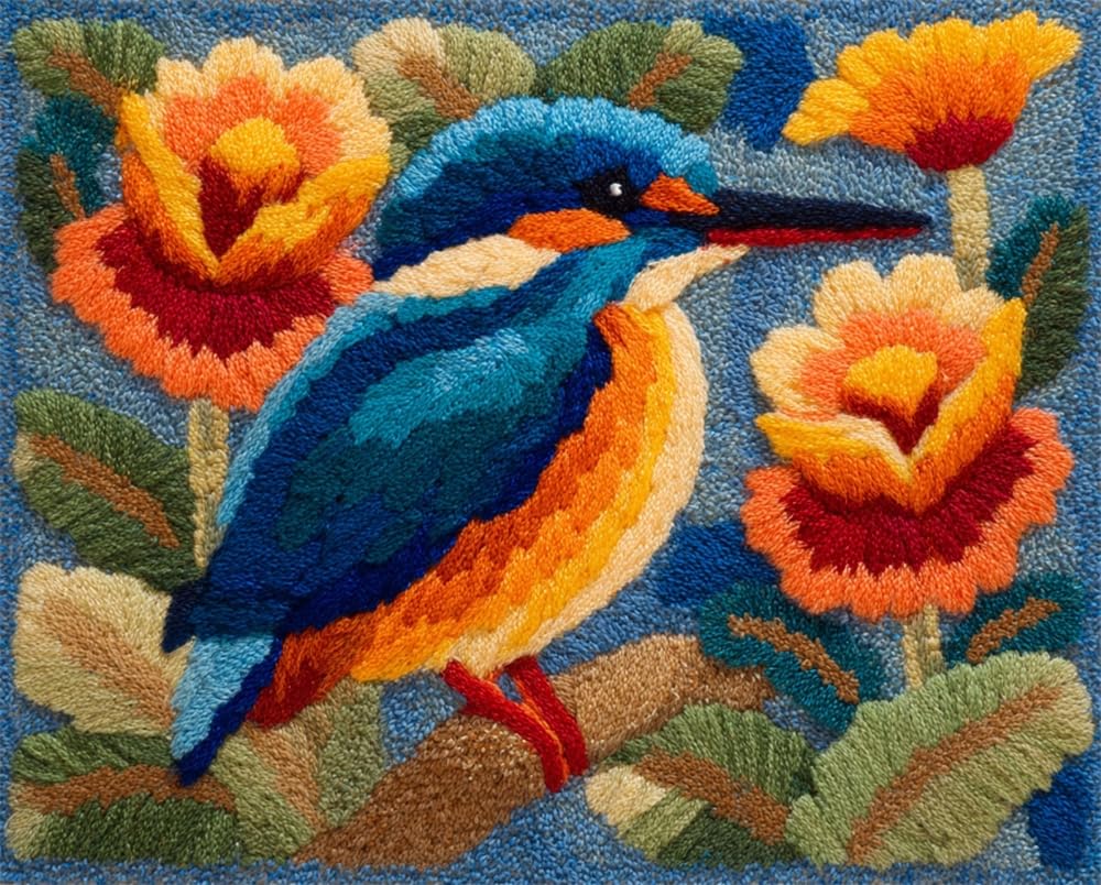 Kitquiver Rug Kits for Adults Latch Hook Pre Printed Kingfisher and Flowers DIY Crafts Crochet Yarn Handmade Embroidery with Printed Canvas Needlework for Home Decor 15X20In