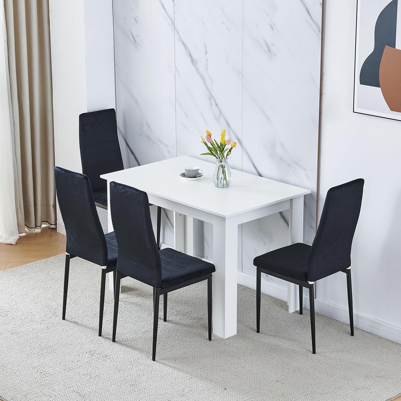 Homullel 110cm Dining Table and 4 Chairs, 4 Seater Kitchen Table and Chairs Set for Space Saving, Compact Dining Room Set for 4, 110x70 cm, Wooden, White (4 Seaters, Flannel Black) โ image 1