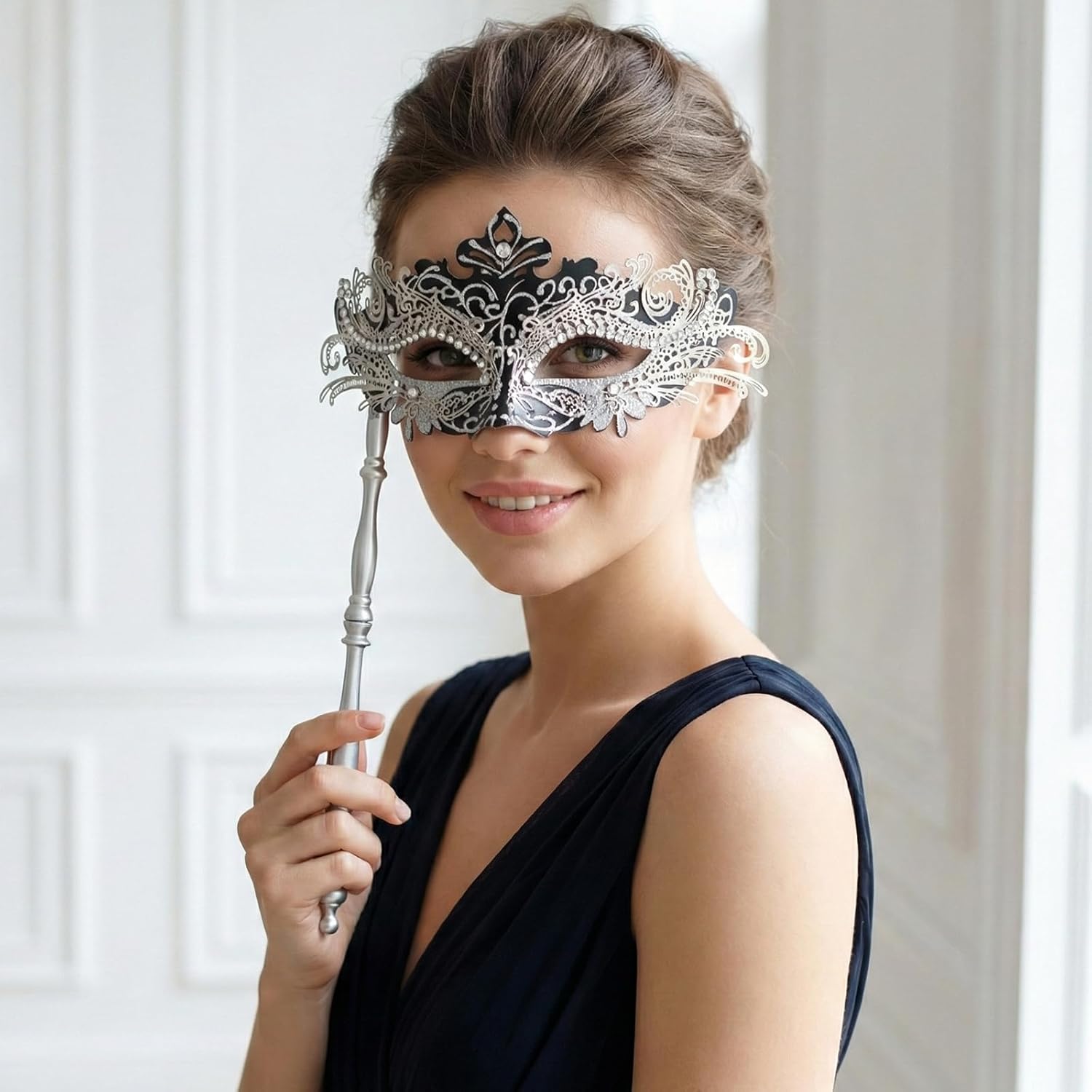 Coddsmz Masquerade Mask with Stick Venetian Mask Mardi Gras Decorations for Womens Halloween Costume Mask - Image 3