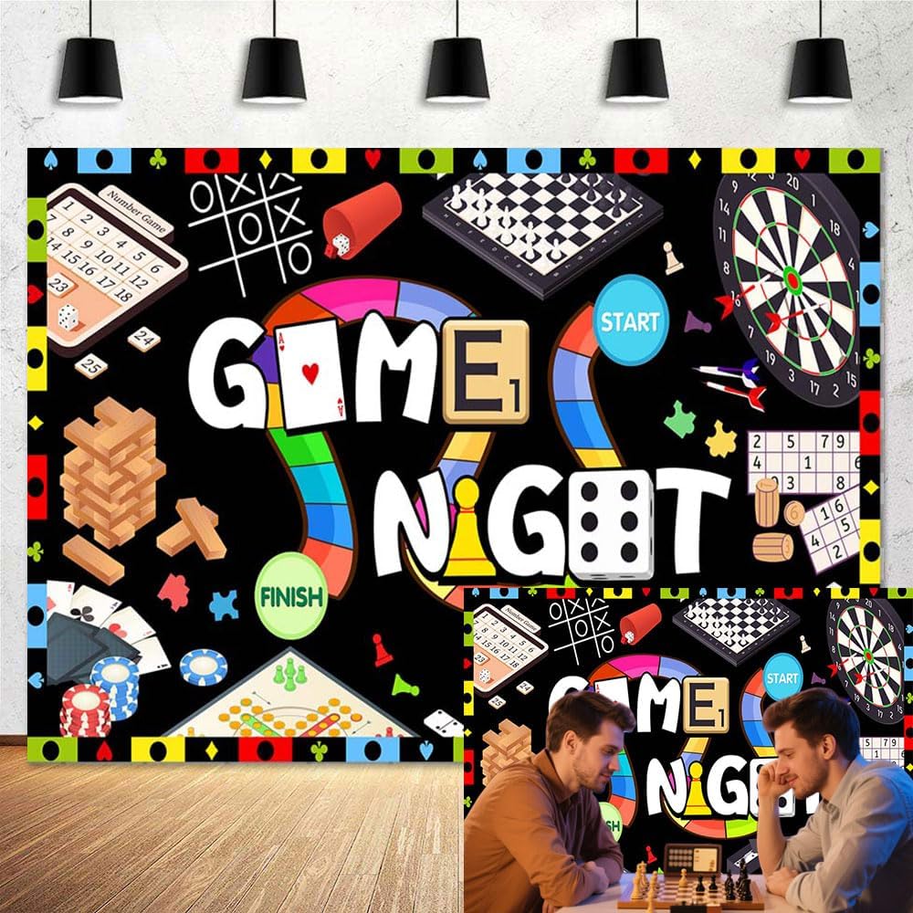 Game Night Backdrop for Photography - Gaming Theme with Dice, Chess & Cards, Boys/Adults Birthday Party Decor Banner, Casino Night Photo Booth Props & Gamer Party Suppliess 10X8FT