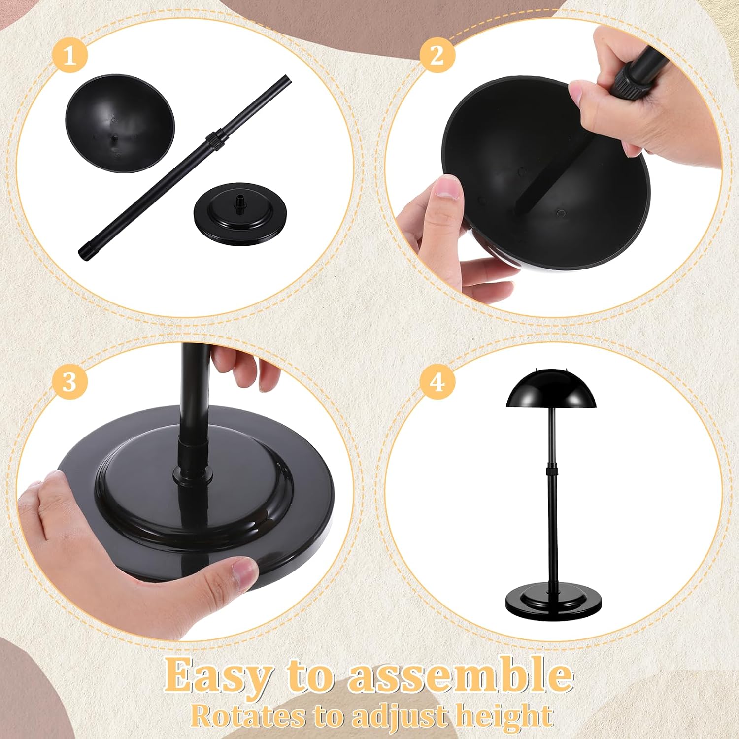 8 Pcs Wig Stand, Portable Hat Display Stand, 9.8"-18.9" Adjustable Height Hat Display, Non-Slip Wig Head Holders, Black Plastic Wigs Stands for Styling Drying DIY Practice, Stable