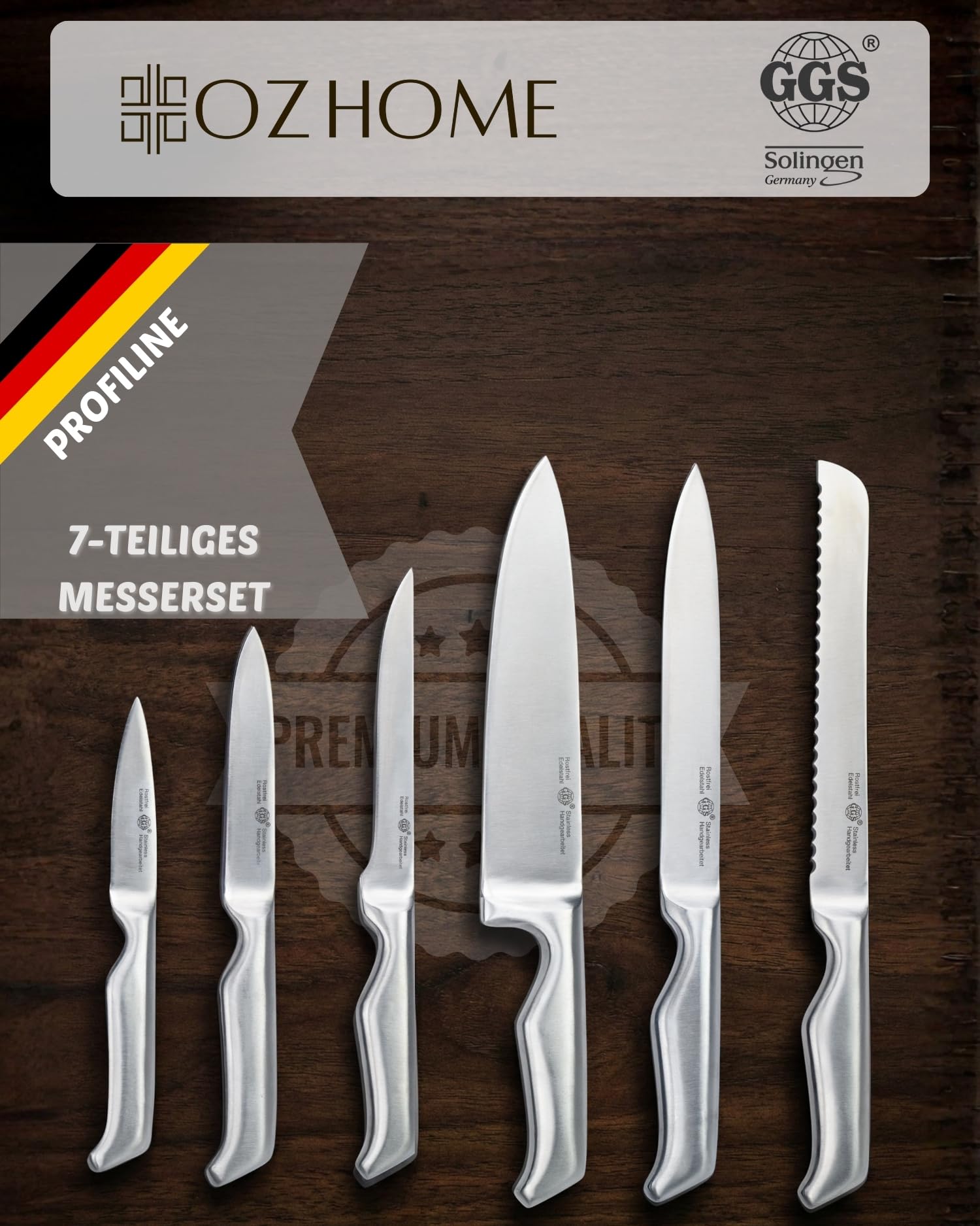 GGS Solingen Küchenmesser Set 7-teilig mit Holz-Messerblock – Edelstahl Messerset, Kochmesser Brotmesser Set, eisgehärtet, handgeschärft, rostfrei, komplettes Messerset, Geschenkset, Made in Germany