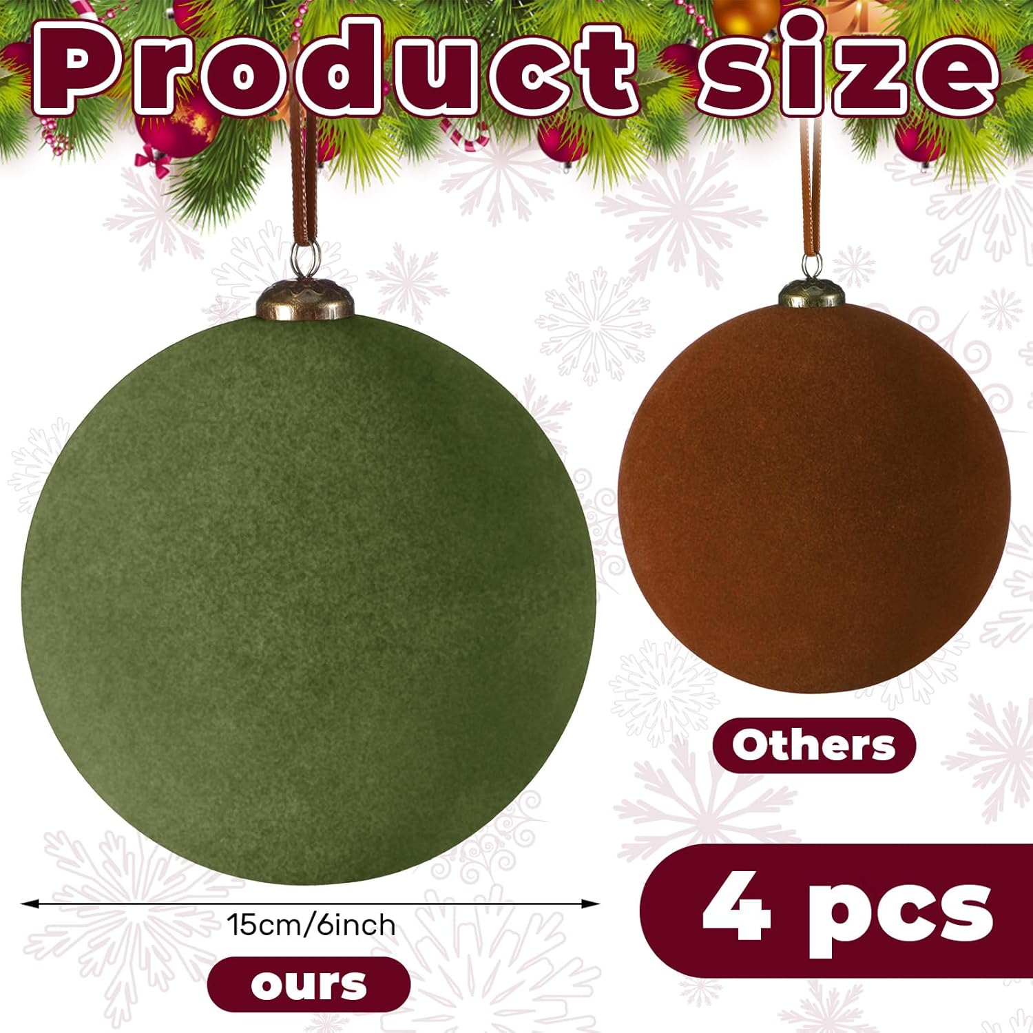 4 Pcs Large Velvet Christmas Balls 6 Inch Christmas Tree Decorations Xmas Ornaments Balls for Family Holiday Wedding Party Xmas Tree Hanging Decoration (Green)