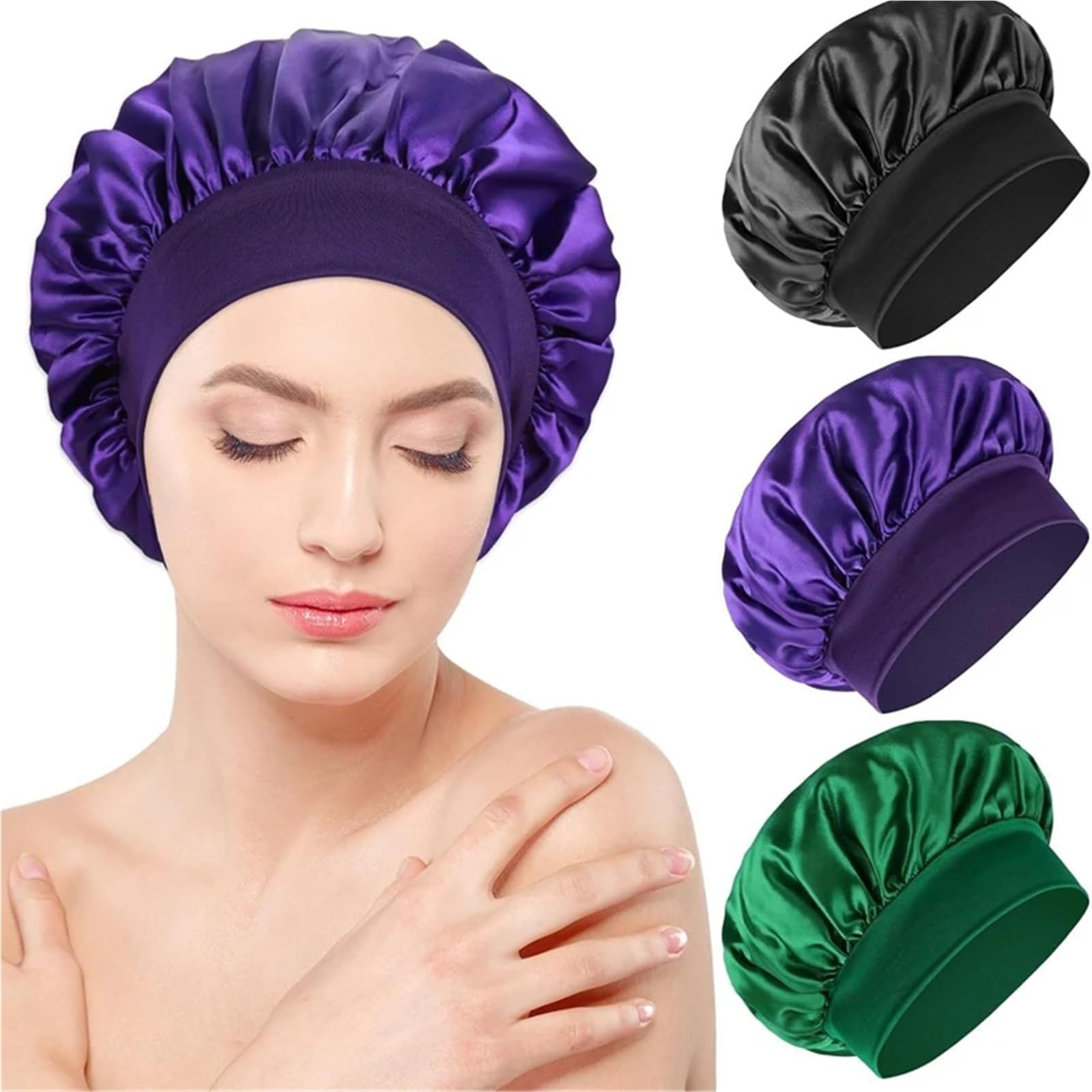 Cuffia In Seta Cappello da notte a tesa larga solido Fascia elastica Berretto unisex Cofano largo for cappello Capelli Cura del viso Prodotto bagno Per Donne(Dark Brown)