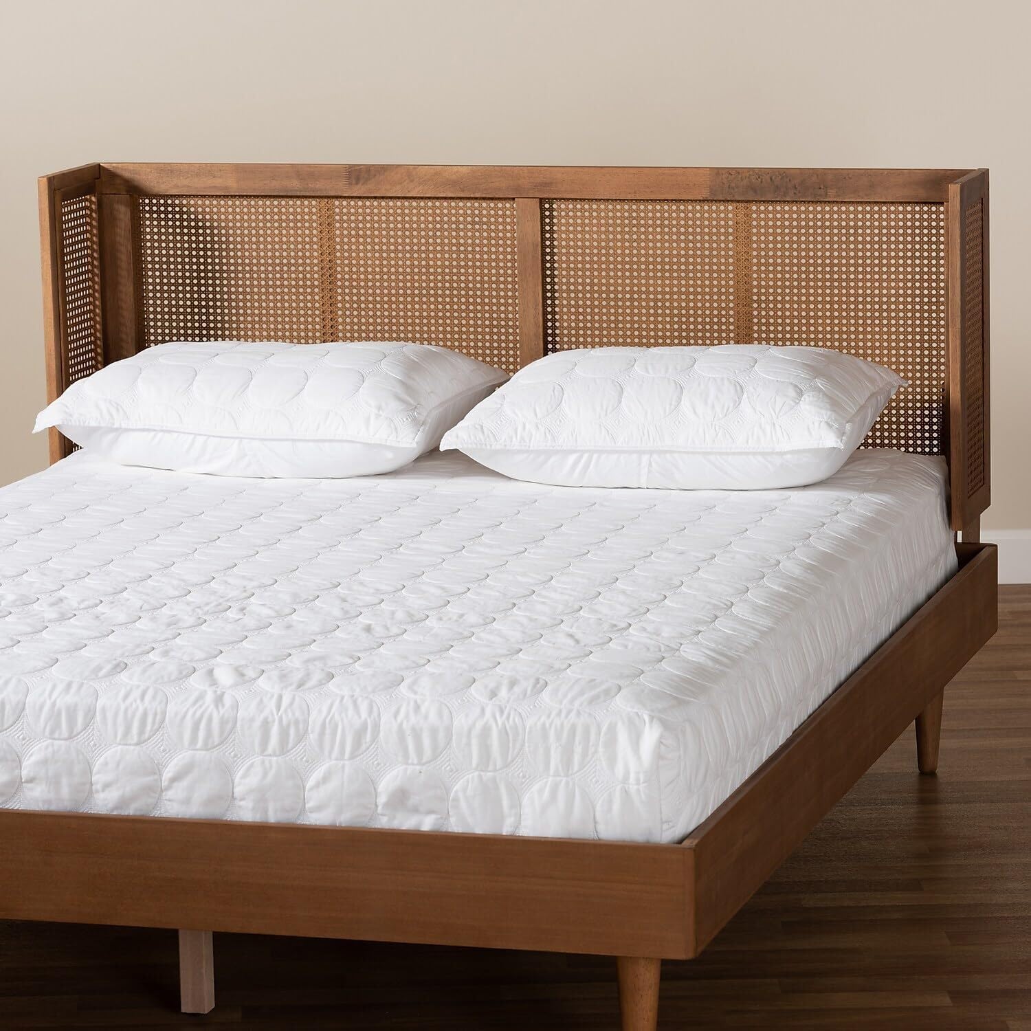 HomeStock Eclectic Escape Mid-Century Modern Ash Wanut Finished Wood and Synthetic Rattan Wrap-Around Headboard King