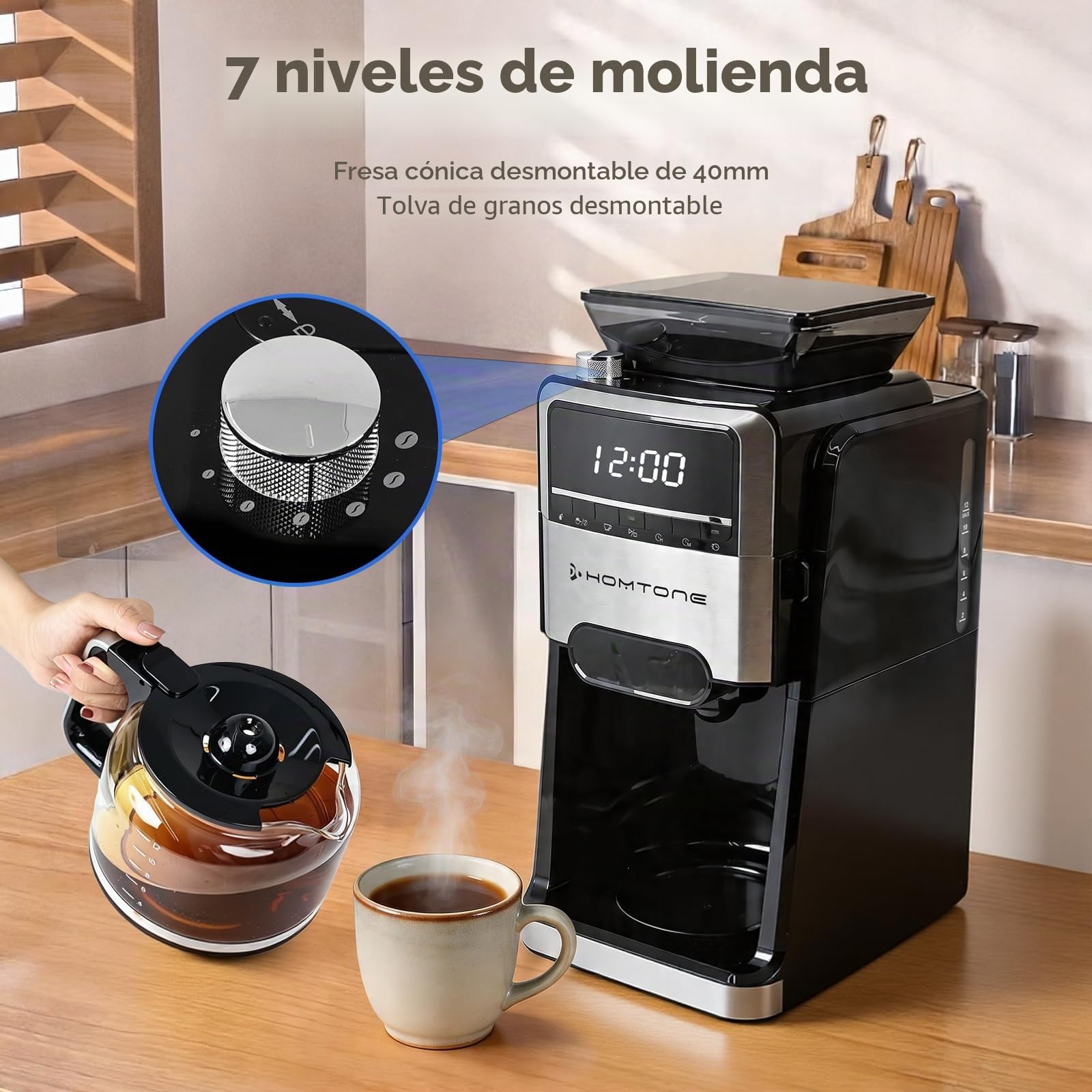 Homtone Cafetera con Molinillo Cónico, Termostato de 24 Horas, Filtro Termostático, Jarra de Vidrio de 12 Tazas, Filtro Metálico Permanente, 1400 W, para Café en Grano y Molido.