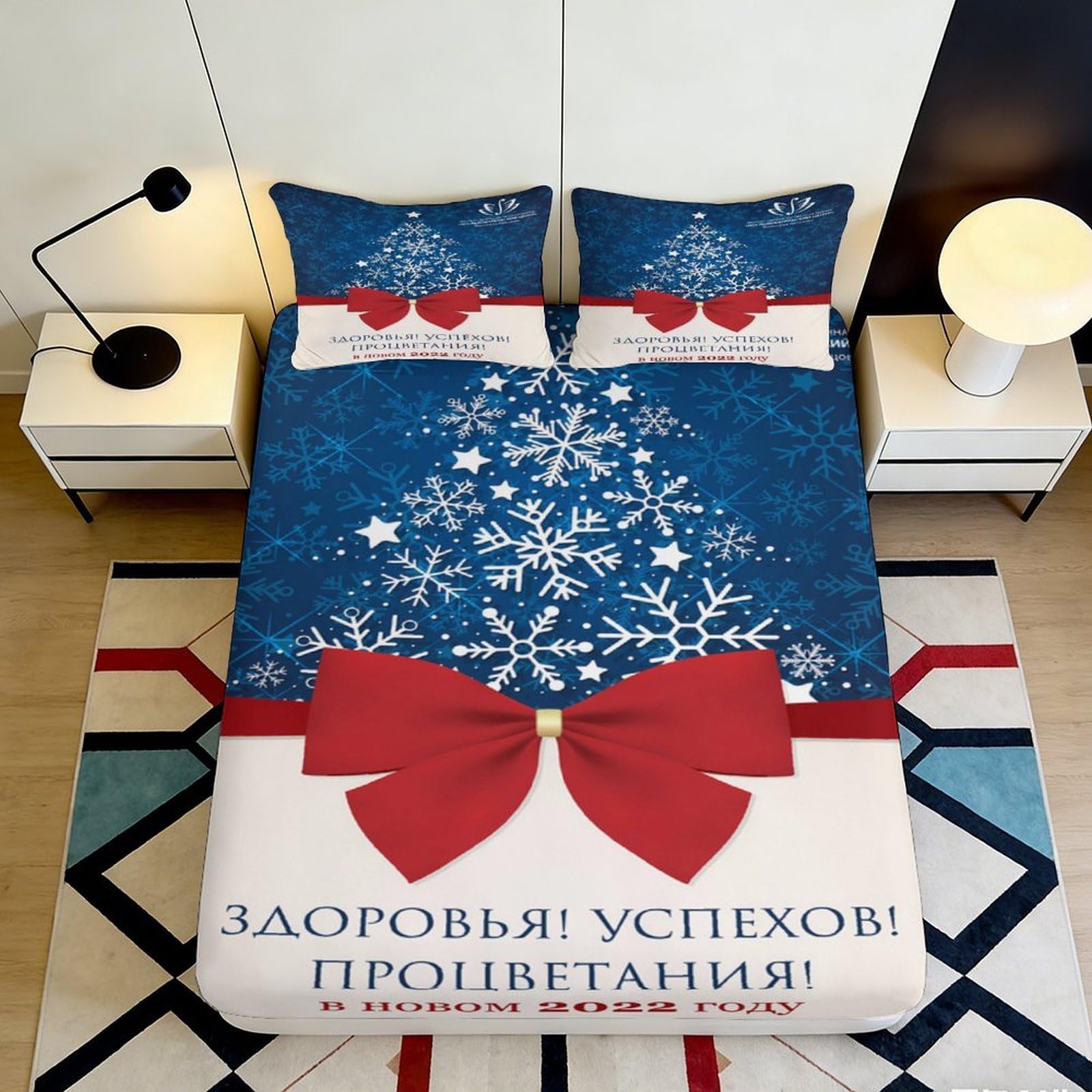 3D Printed Christmas Tree Snowflake Fitted Sheet Microfiber Deep Pocket Non-Slip Bedroom Bedding Christmas Tree Mattress Fitted Cover 160x200x25cm