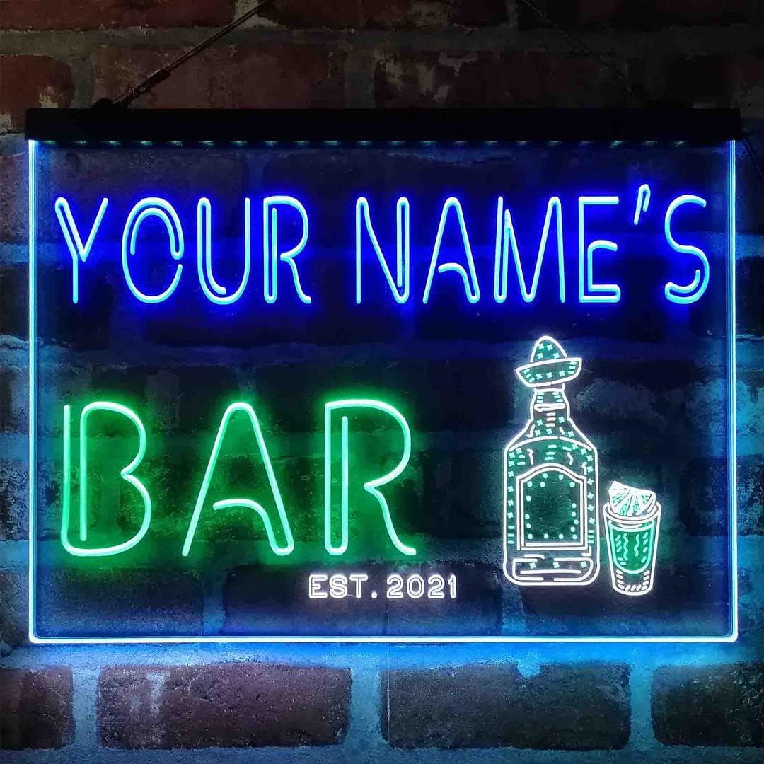 Personalized Gin Tonic Bottle Tri-Color LED Neon Light Sign Customize Name Date Text Quote Font White & Green & Blue 17.7 x 13.6 Inches st9s43-w4-tm-wgb
