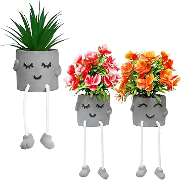 Zerzsy 3PCS Cute Artifical Plants in Cement Pots, Small Fake Plants for Office Decorations Kitchen Shelves Decor, Bathroom Shelf Decoration, Shelf Decoration Accents
