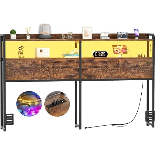 Aheaplus Headboard for Queen Size Bed Frame, Headboards with Outlets, USB Ports and LED Light, Head Board with Storage, Height Adjustable, Sturdy and Stable Headboard, Queen Size, Rustic Brown