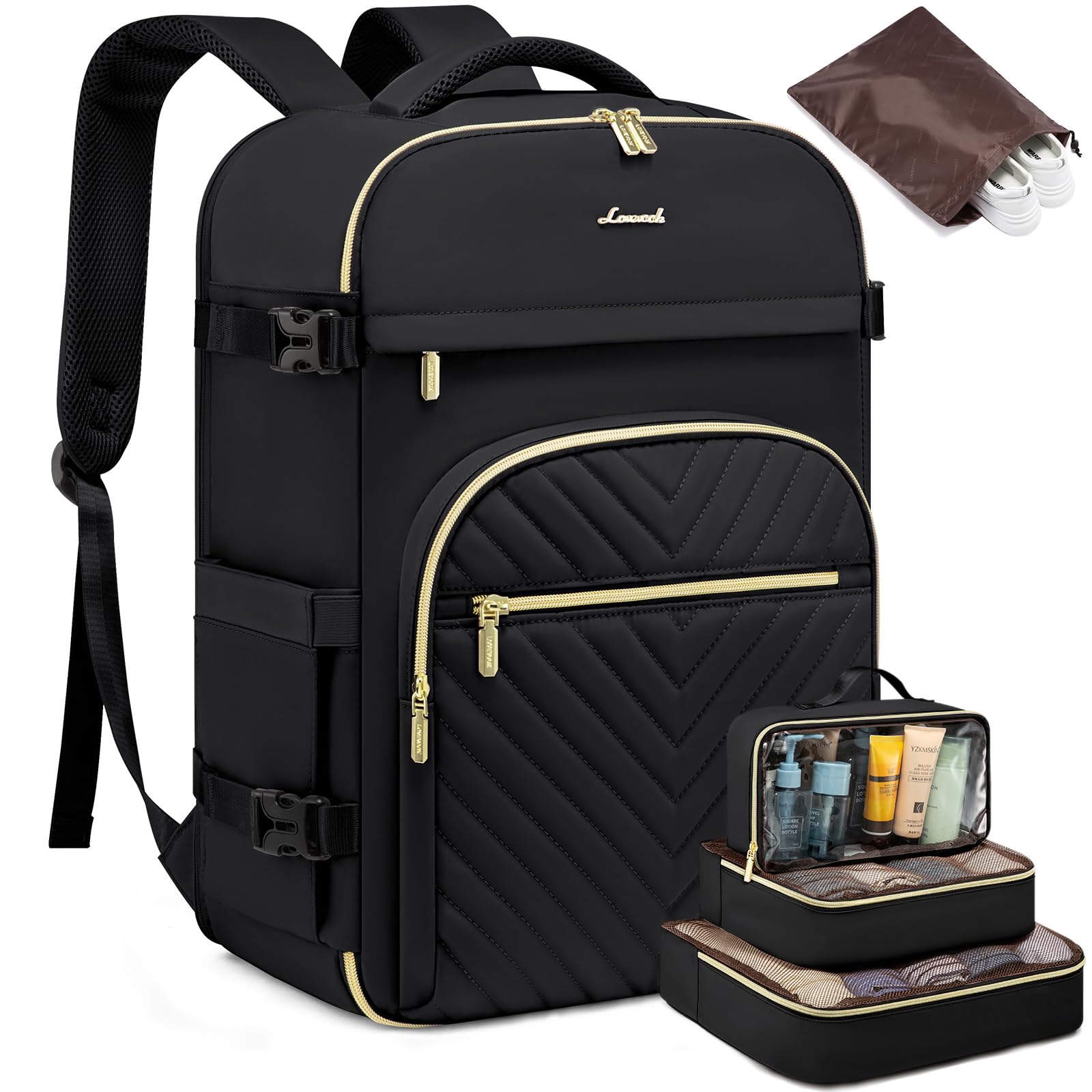 LOVEVOOK Large Travel Backpack for Women, 50L Carry on Backpack for Airplanes, TSA Personal Item Travel Bag for Women fits 18" Laptop, Waterproof Carry on Bags with 4 Packing Cubes, Black