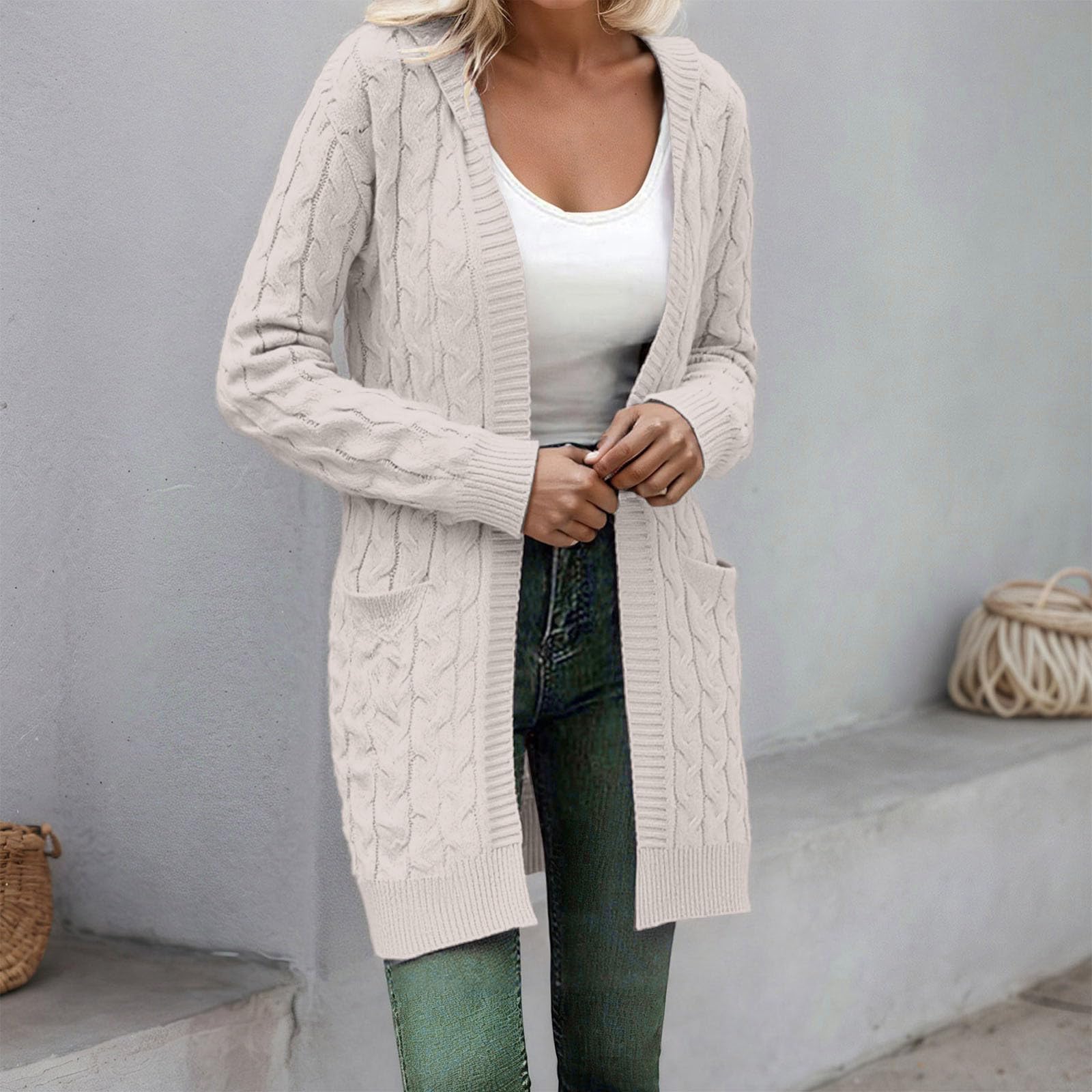 Strickjacke Damen Grobstrick Strickjacke vorne offen langärmelig mit Taschen warm vielseitiger Cardigan Strickpullover Übergangsjacke für Winter und Herbst