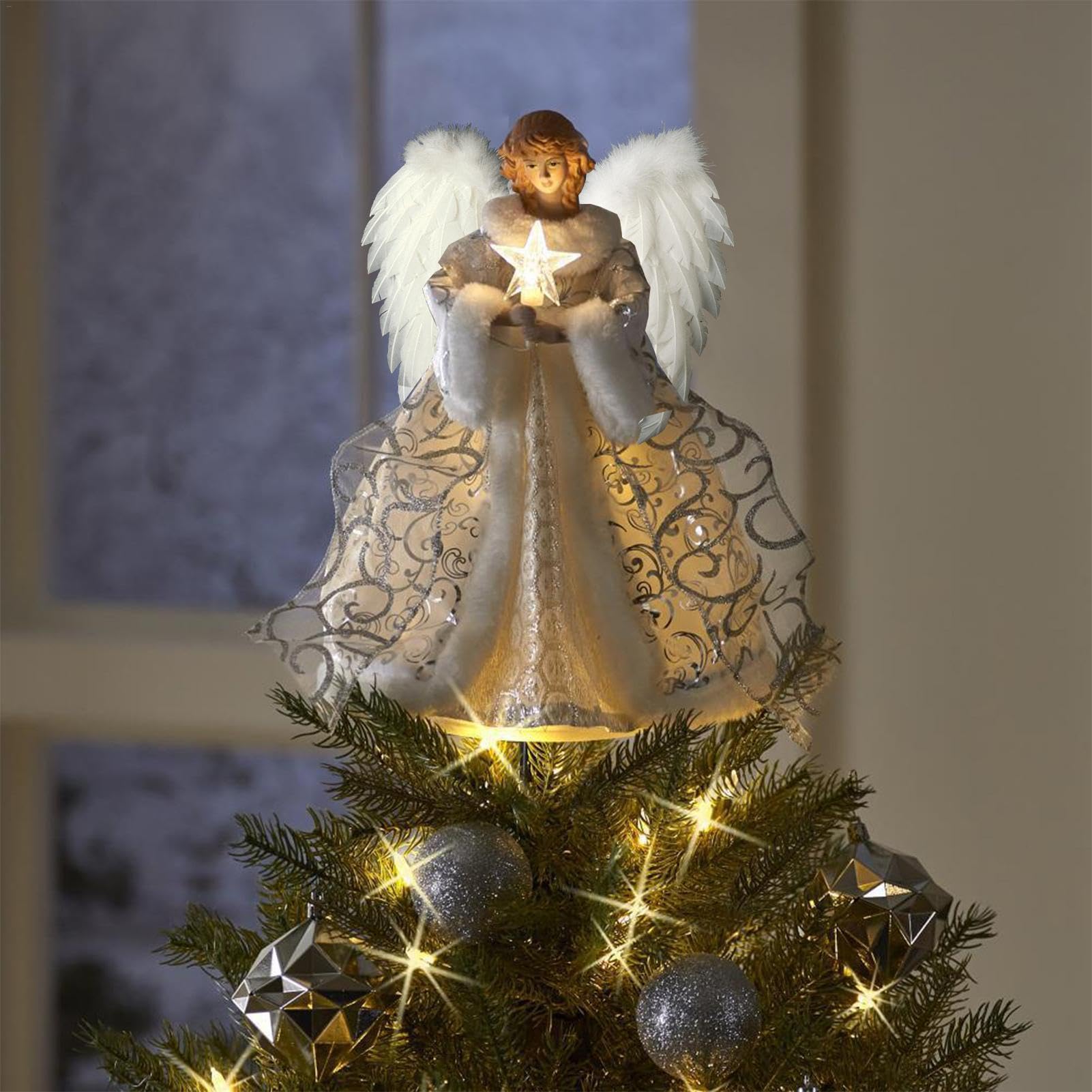 Weihnachtsengel Baumspitze 32 Cm - Engel Christbaumspitze Mit LED Lichterkette