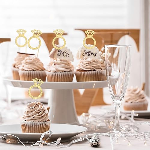Miniatura 4 de Gyufise 36 piezas de anillos de diamantes para cupcakes, anillos de boda con purpurina dorada para boda, compromiso, aniversario, fiesta de San