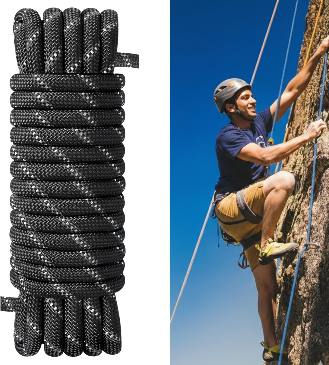 White Tech Premium Climbing Rope (10.5mm 10mtr) Multipurpose Rope Nylon High Strength Industrial Safety Rope, Hiking Climbing Fire Escape Rappelling Construction Indoor Outdoor Climbing Rope (Black)