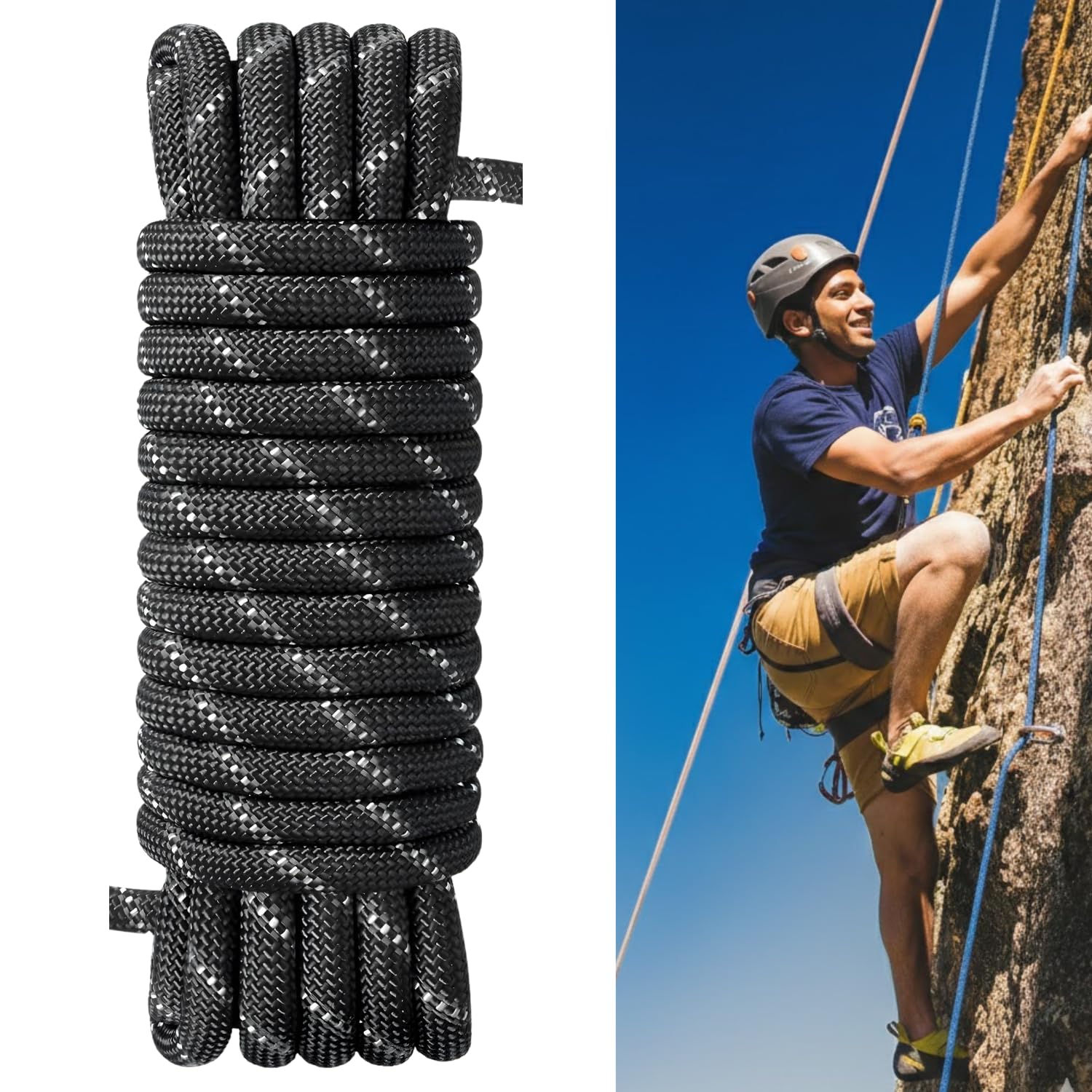 White Tech Premium Climbing Rope (10.5mm 10mtr) Multipurpose Rope Nylon High Strength Industrial Safety Rope, Hiking Climbing Fire Escape Rappelling Construction Indoor Outdoor Climbing Rope (Black)